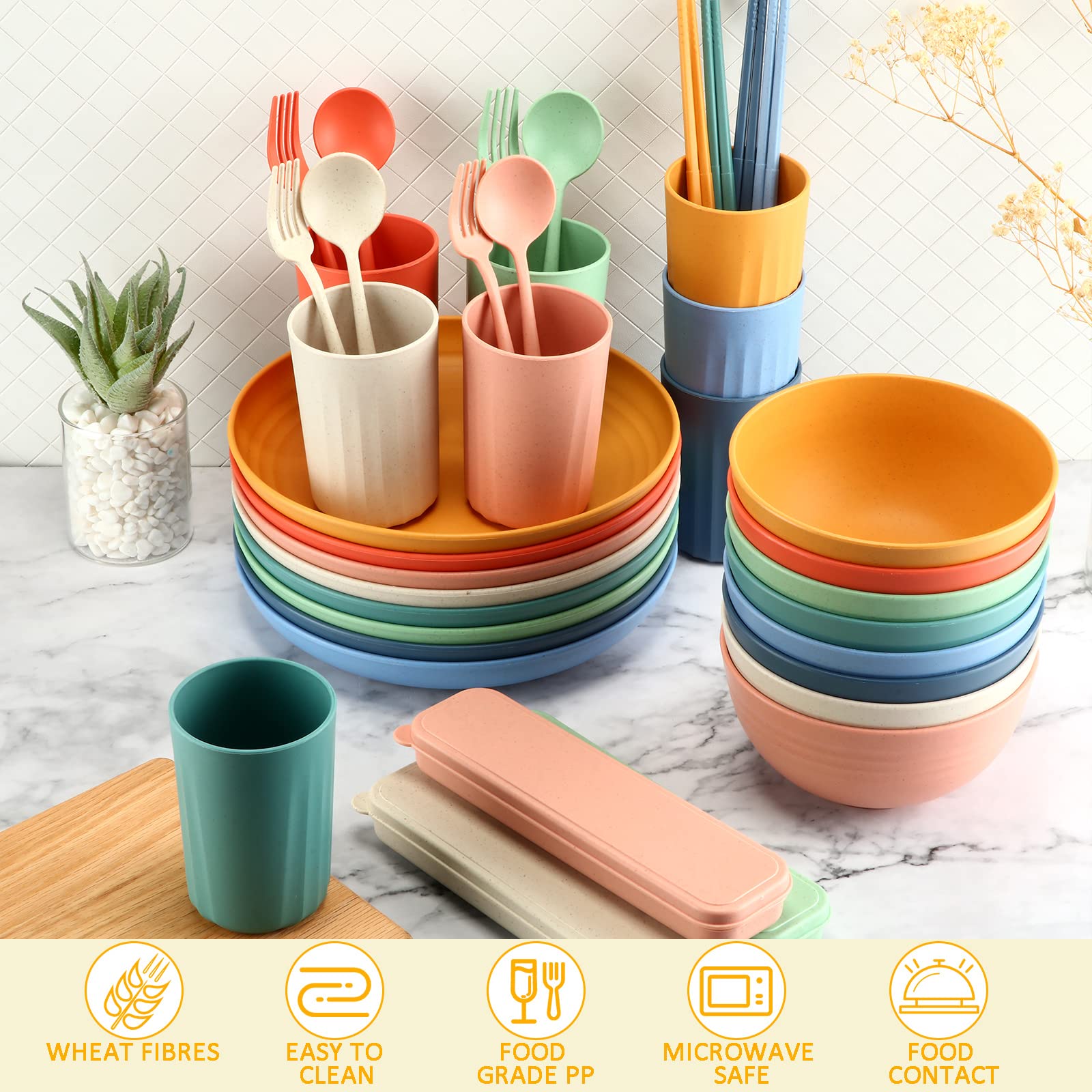 56-Piece Wheat Straw Dinnerware Set - Unbreakable Plastic Plates & Bowls for Kids, Travel, Picnic, Camping | Colorful, Dishwasher & Microwave Safe, Lightweight Reusable Tableware | Perfect for Outdoor Adventures, Family Gatherings & Daily Meals