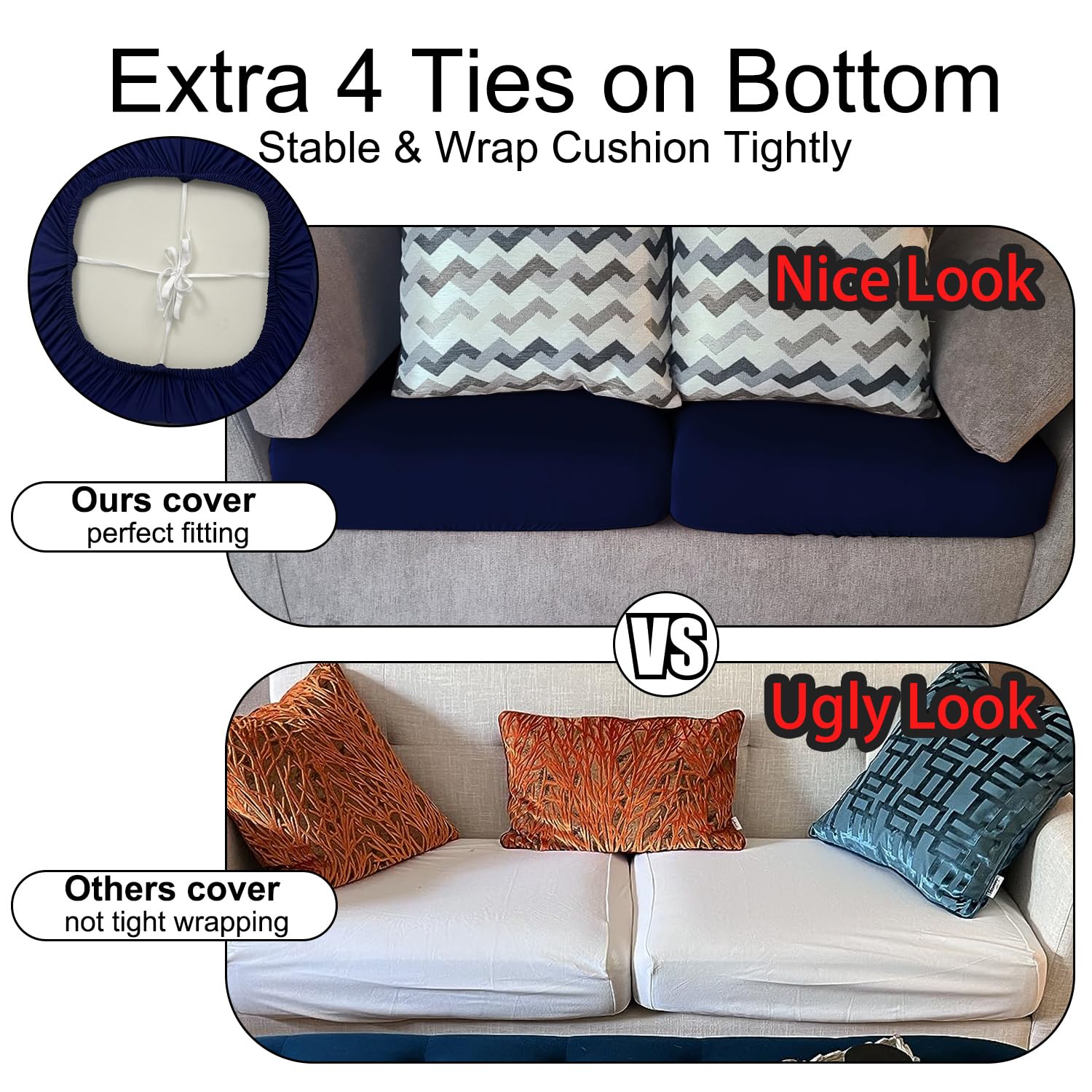 8Pcs Stretch Patio Cushion Covers - Waterproof Outdoor Furniture Slipcovers for Chairs & Couches, Elastic Washable Sofa Seat Covers with Fixed Ties - Navy Blue (Perfect for Backyard, Deck, Poolside & Indoor Use)