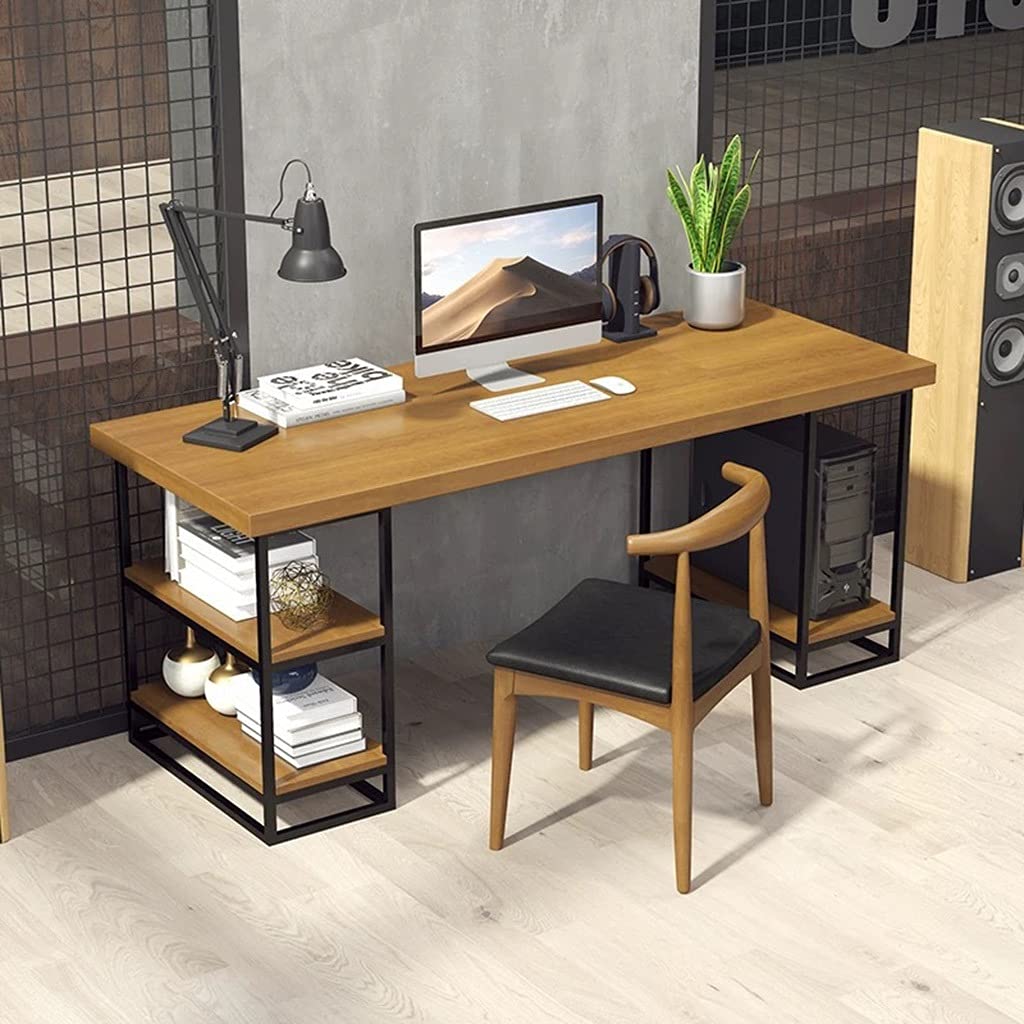 Solid Wood Computer Desk with Wrought Iron Frame - 120x60x75cm Home Office Desk with Storage Shelf, Easy Assembly Writing Workstation for Small Spaces | Perfect for Remote Work, Gaming & Study