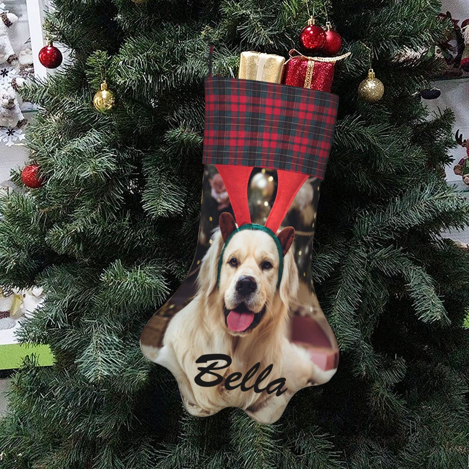 **Personalized Christmas Stocking for Dogs & Cats - Custom Paw Shaped Stocking with Pet Name & Photo - Holiday Decor Gift for Pet Lovers (Perfect for Fireplace, Tree, or Wall Decor)**