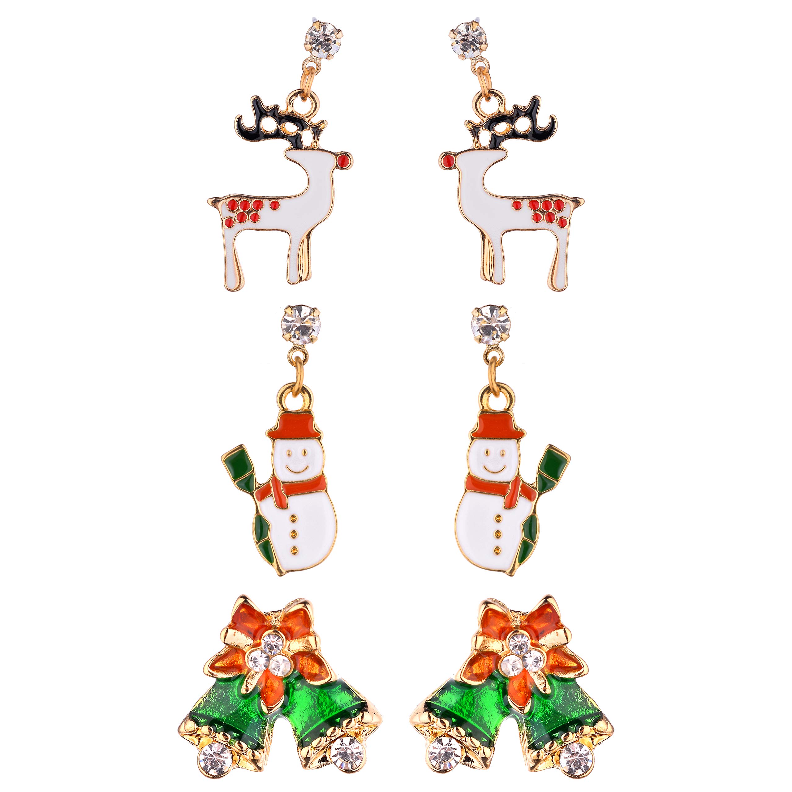 Christmas Stud Earrings Set - Green Bells, Snowman & Reindeer for Holiday Parties