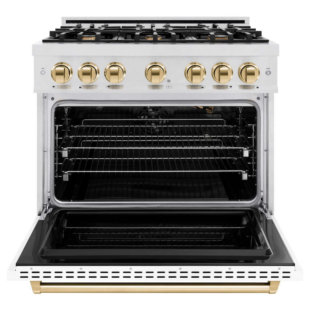 ZLINE Autograph Edition 36 Inch 5.2 Cu Ft Classic Gas Range - 6 Burner Cooktop & Convection Gas Oven - Satin Stainless Steel with White Matte Door & Polished Gold Accents (CGRSZ WM 36 G) - Perfect for Modern Kitchens & Professional Cooking