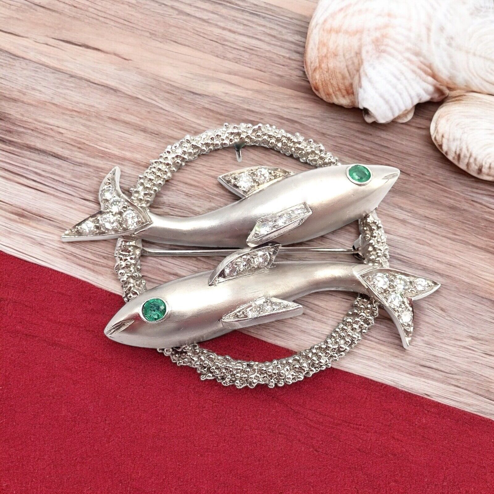 Cartier 18k White Gold & Platinum Diamond Emerald Zodiac Pisces Fish Brooch Pin - Luxury Jewelry Gift for Women, Perfect for Special Occasions & Collectors
