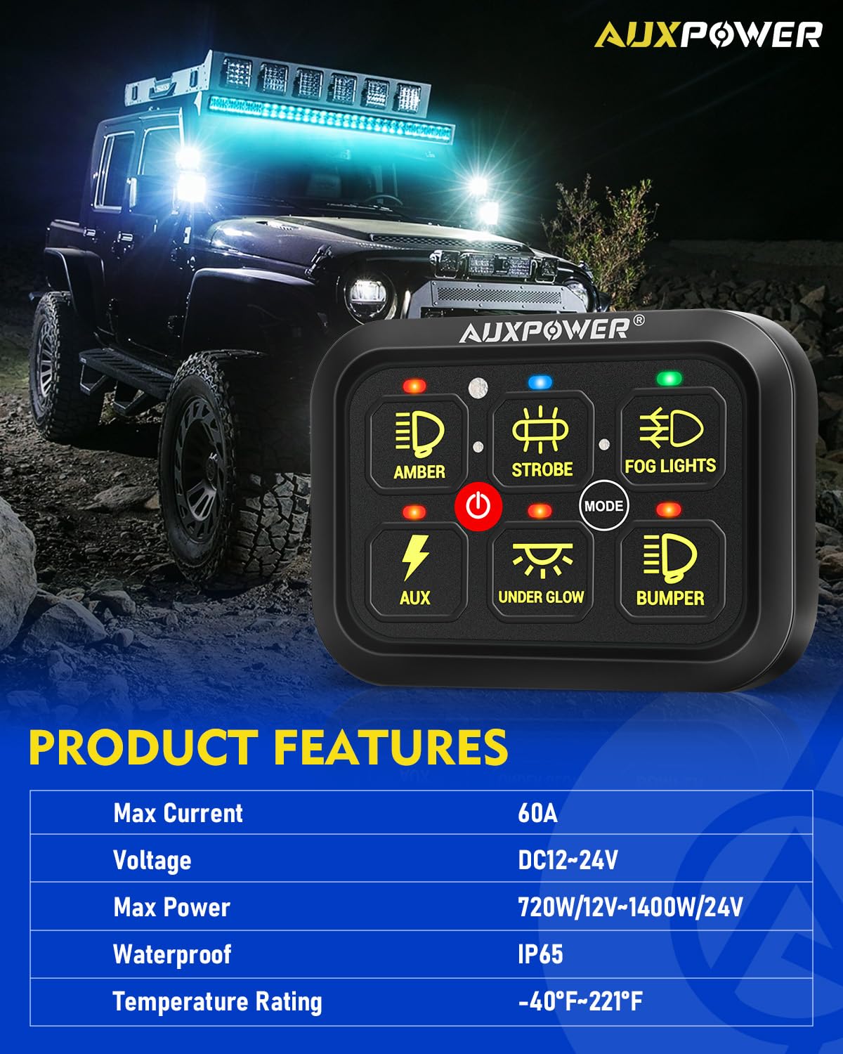 Auxpower 6 Gang RGB Dimmable Toggle Switch Panel with Momentary Pulsed LED - Automotive Auxiliary Circuit Control Relay System for Trucks, Boats, Cars (RGB A26 Switch Panel) | Perfect for Off-Road Vehicles, Marine Applications & Custom Car Interiors