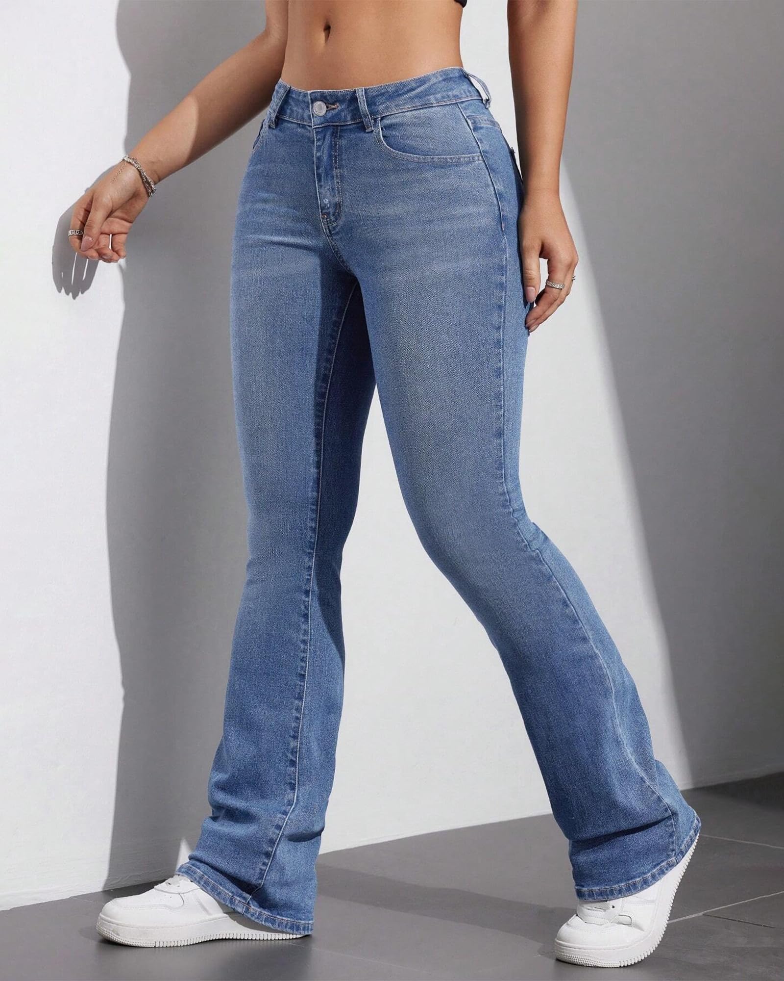 Women's Low Waist Flared Jeans - Stretch Bell Bottoms for Casual Wear