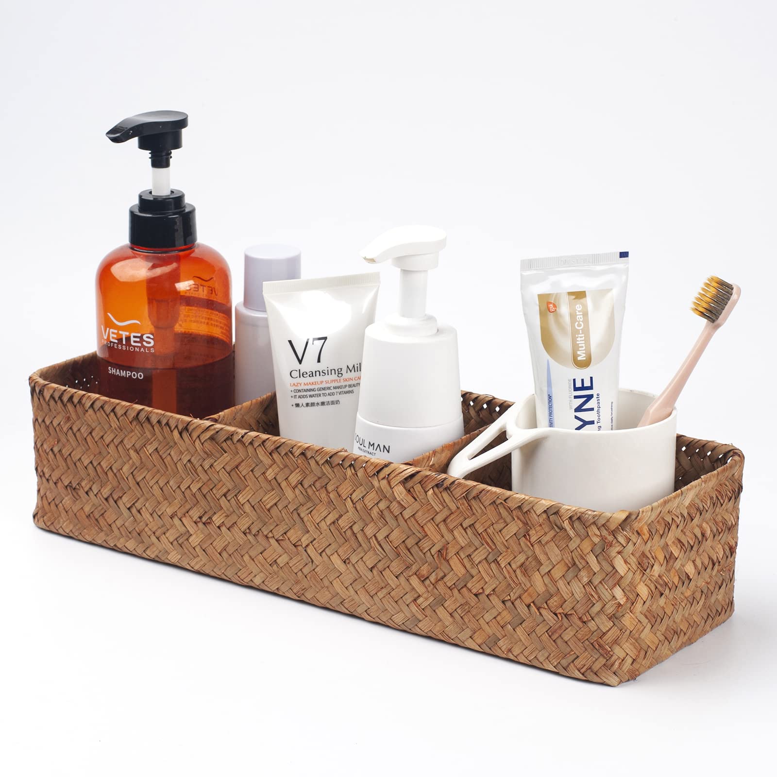 Natural Seagrass Storage Basket - Woven Shelf Organizer for Bathroom, Vanity & Dresser - 14.6