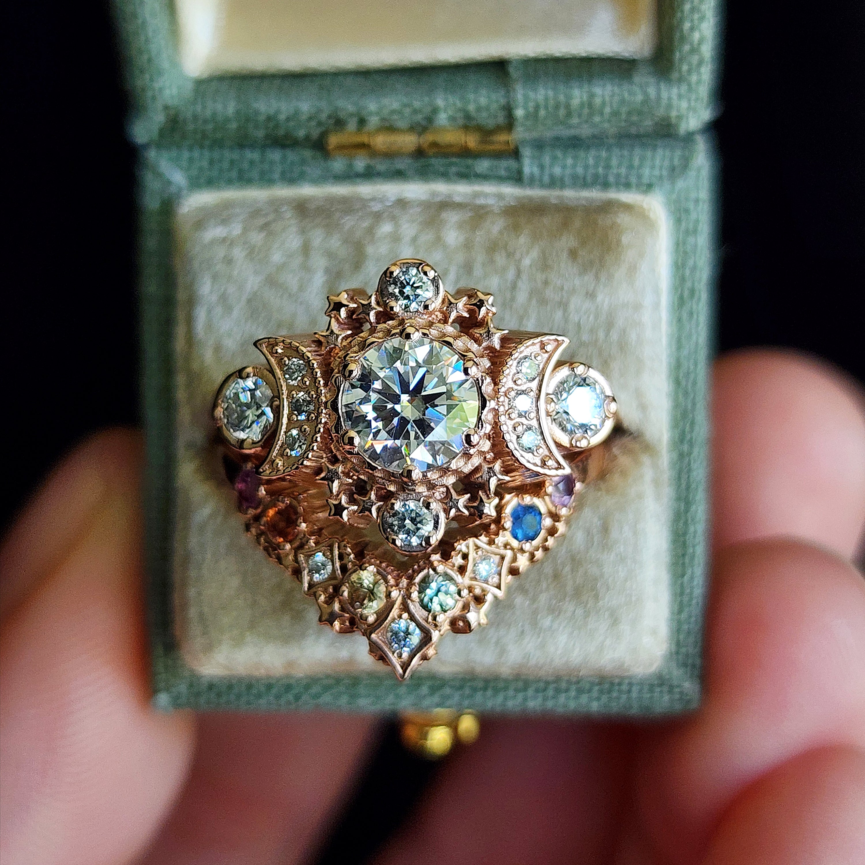 14K Rose Gold Moissanite Cosmos Engagement Ring with Rainbow Sapphire Stardust Chevron - Size 4.5 & 6.5 | Perfect for Wedding Proposals, Anniversary Gifts & Romantic Occasions