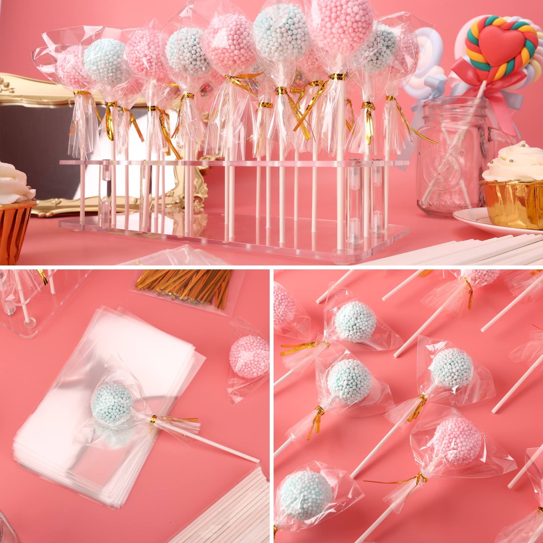 Goabroa 21-Hole Clear Acrylic Cake Pop Stand Kit with 300 Cake Pop Sticks & Wrappers - Baking Supplies for Wedding, Birthday Party, Baby Shower & Halloween Dessert Displays - Perfect for DIY Treats, Dessert Tables & Holiday Celebrations