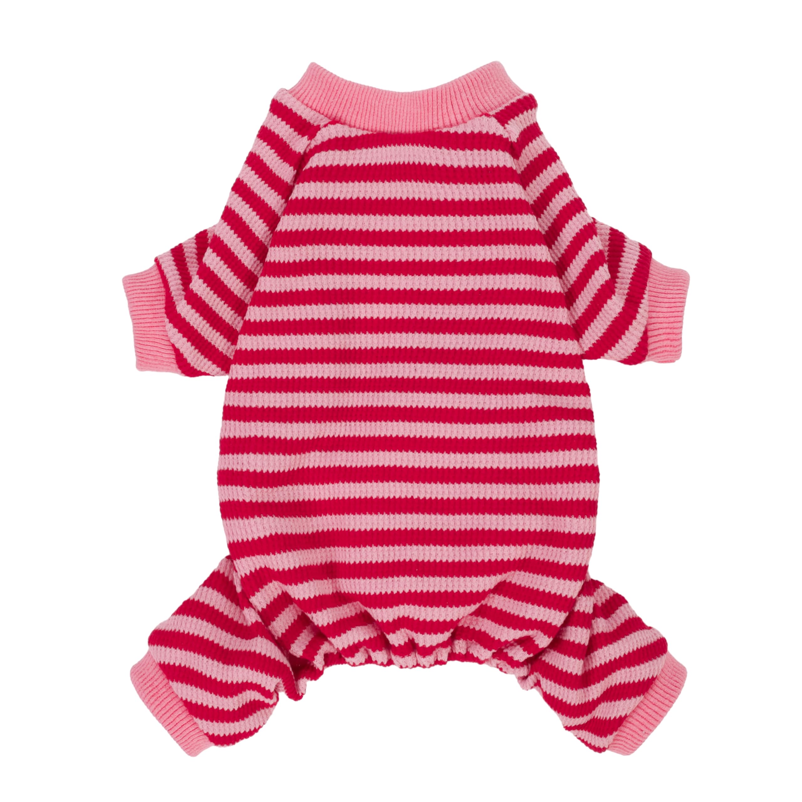 Fitwarm Pink & Red Striped Dog Pajamas - Waffle Knit Pet Onesie with Feet for Small Dogs & Cats (XS) - Cozy Winter Sleepwear for Puppies & Kittens