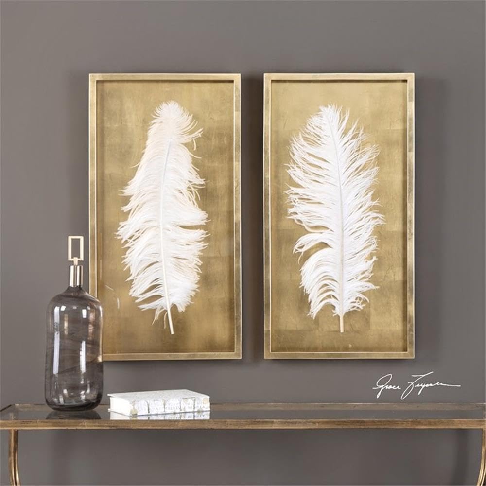 BOWERY HILL Modern 2-Piece White Feather Wall Art Panel Set - Elegant Home Decor for Living Room, Bedroom & Office