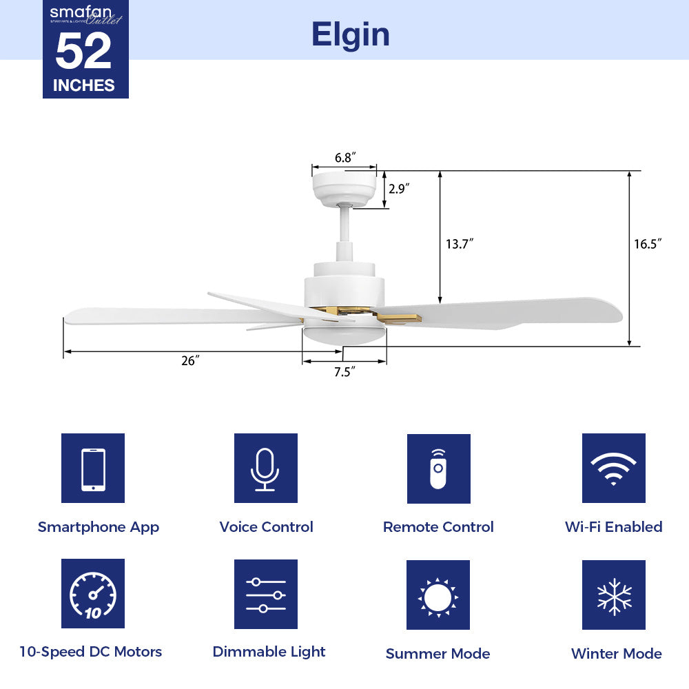 Elgin 52 Inch Smart Outdoor Ceiling Fan with Remote Control - Dimmable LED Light, Weather Resistant, Perfect for Patio, Deck, and Covered Porch Areas