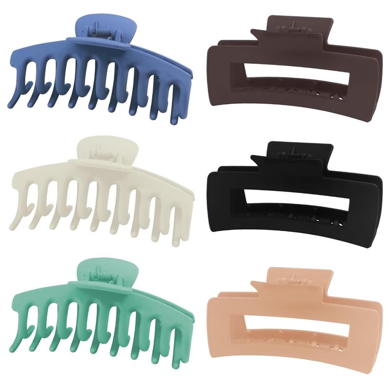 6-Pack Large Matte Square Hair Claw Clips for Women - 4.3 Inch Big Hair Clips for Thick or Thin Hair - Neutral Hair Accessories for Ponytail, Bun & Updo Hairstyles (Multicolor)