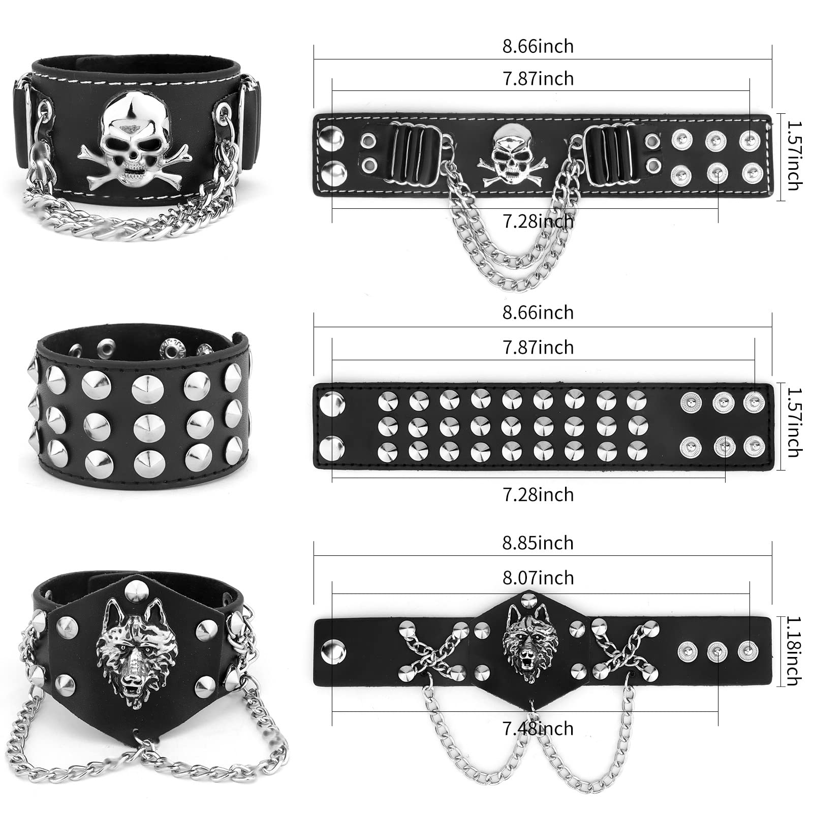 **YARIEW 3-Piece Spike Studded Rivet Punk Rock Biker Leather Bracelet Set - Adjustable Wide Strap Chain Wristband for Men - 80s Costume Accessories + 6-Piece Temporary Tattoo Sleeves - Perfect for Halloween, Rock Concerts, and Biker Events**