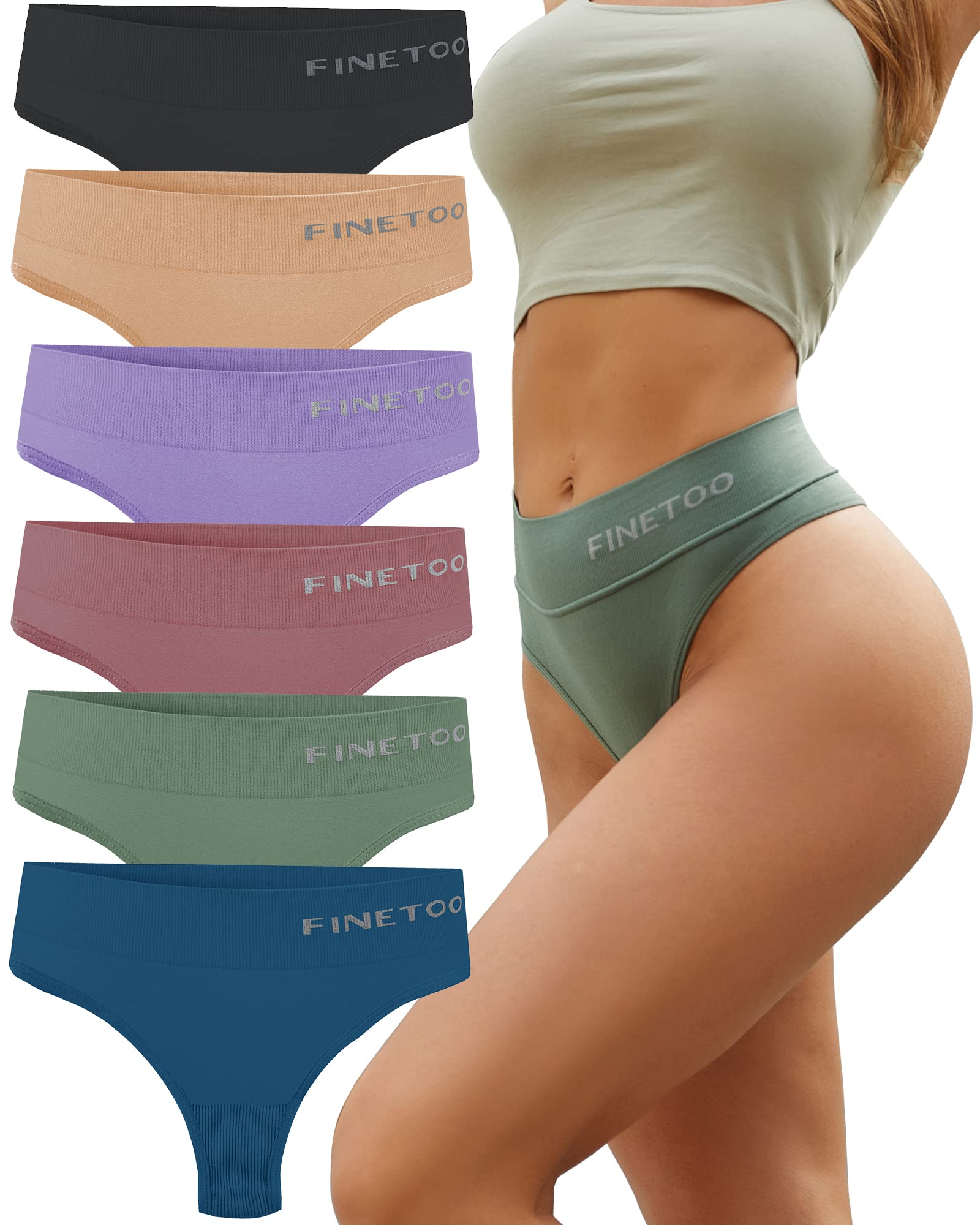 FINETOO 6 Pack High Waisted Thongs for Women - Nylon Spandex Underwear, Breathable & Stretchy Soft Panties, High Rise S-XL - Perfect for Yoga, Workout & Everyday Comfort
