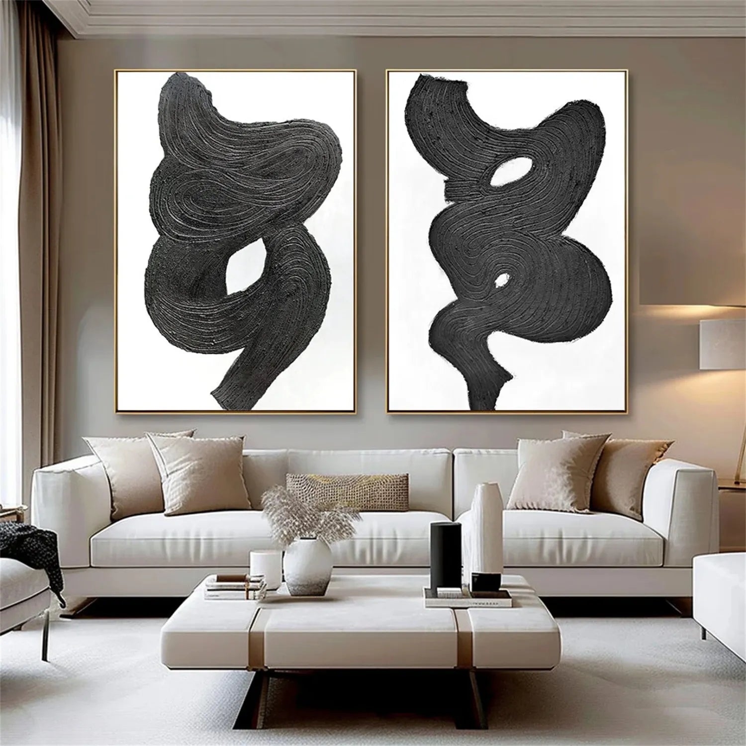 Black and White Textured Minimalist Wall Art Set of 2 - Modern Abstract Canvas Paintings for Living Room, Bedroom & Office Decor #MZ114