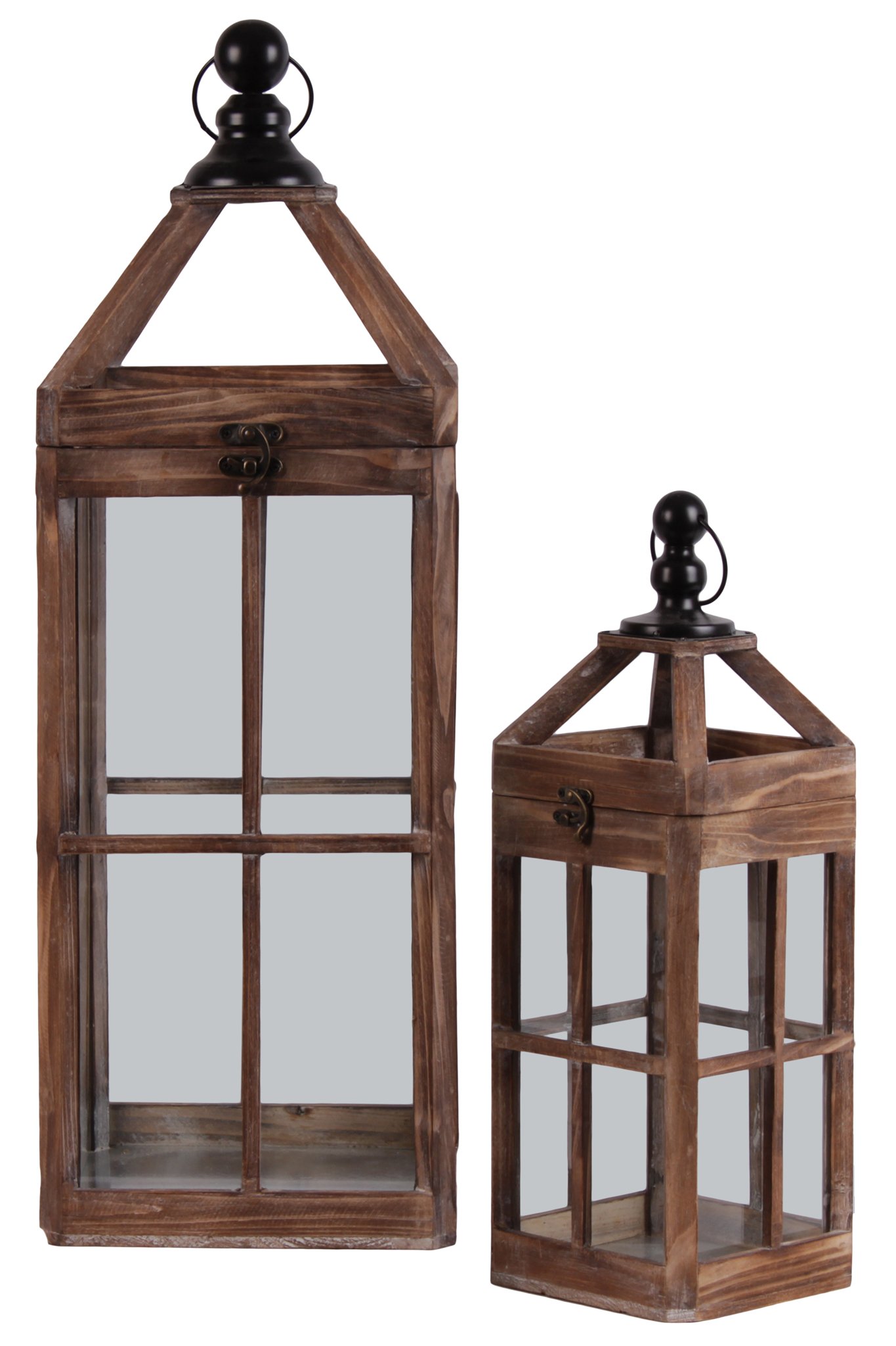 54200 Natural Brown Wood Square Lantern Set of 2 - Metal Round Finial Top, Ring Handle & Window Pane Design - Perfect for Patio, Garden & Home Decor