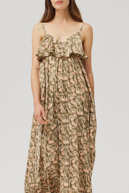 Elegant Ruffle Midi Dress in Artichoke Green | Flowy Summer Dress for Women | Perfect for Weddings, Parties & Casual Outings