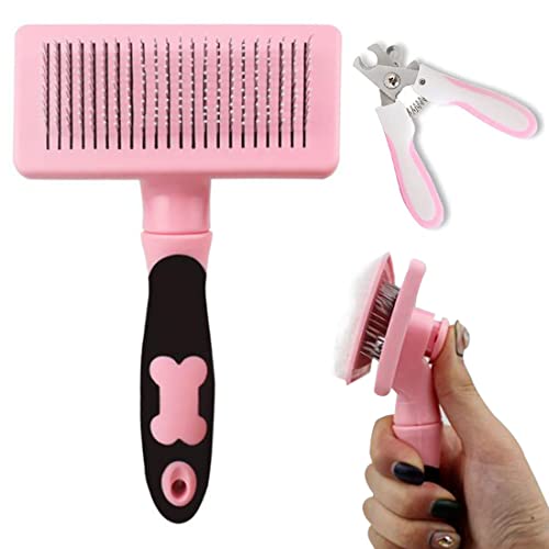 Self Cleaning Slicker Brush for Cats & Dogs - Removes Shedding Hair, Mats & Tangles - Gentle Grooming Tool for All Hair Types + FREE Pet Nail Clippers - Perfect for Daily Brushing & Coat Maintenance