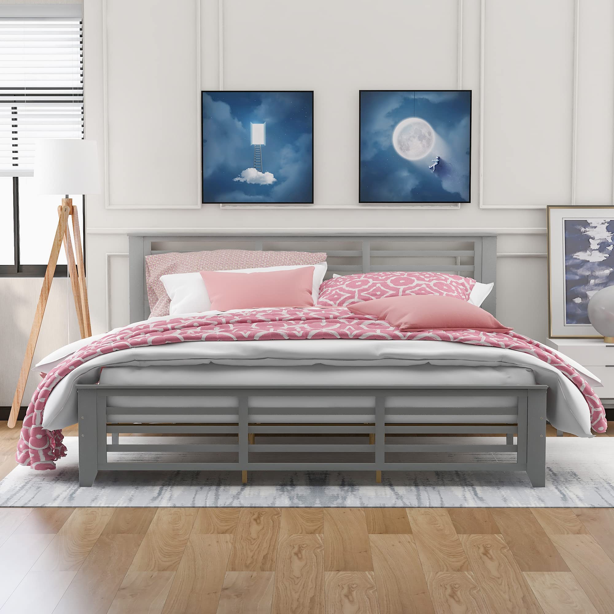 Modern Grey Wooden Platform Bed Frame - King Size with Wood Slat Support for Kids, Teens & Adults | Sturdy Bedroom Furniture for Master Bedroom, Guest Room & Dorm