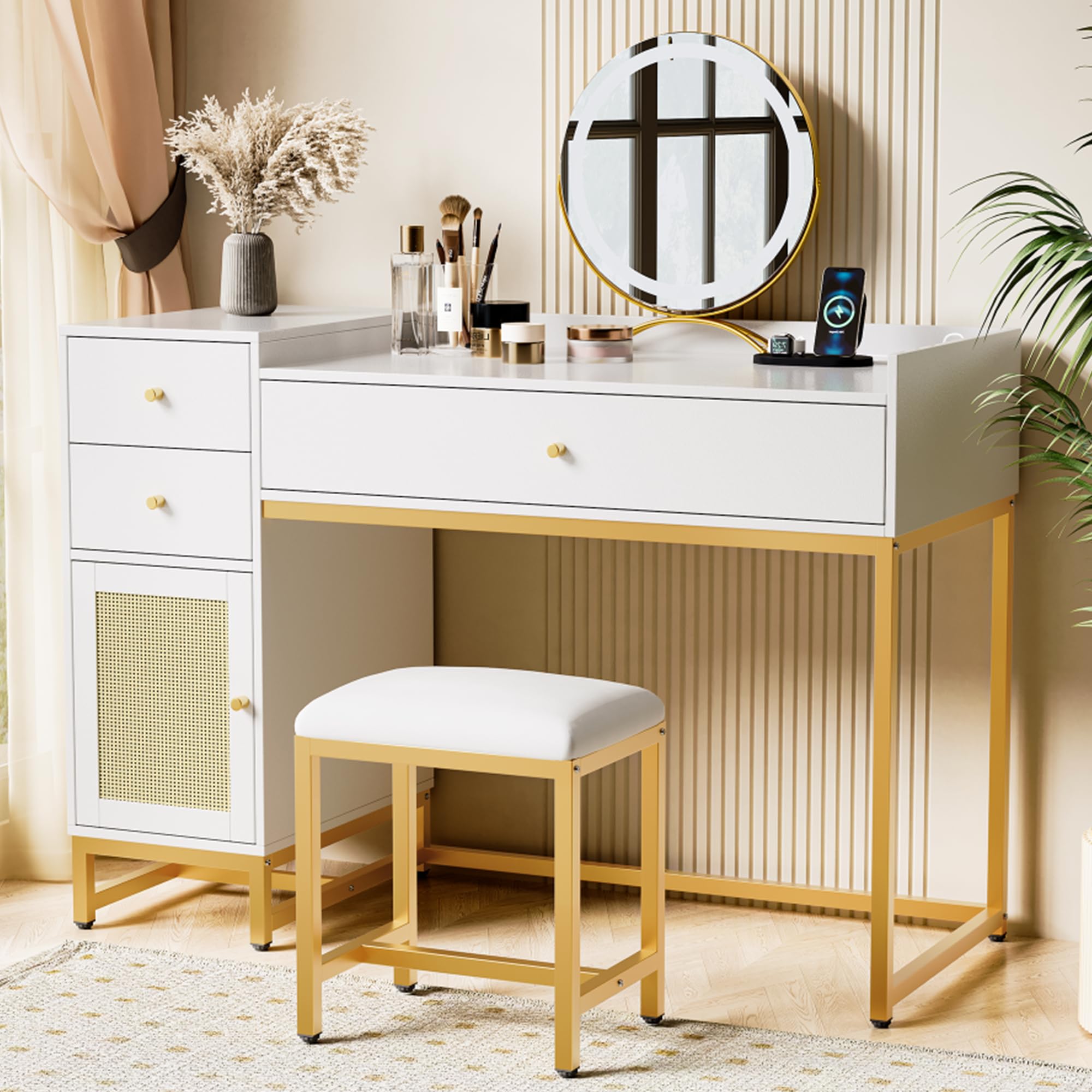 White Makeup Vanity Desk with Stools & Power Outlet - Rattan Dressing Table Set with Drawers & Storage Cabinet - Small Bedroom Vanity Table for Women - Perfect for Cosmetics Organization & Home Decor