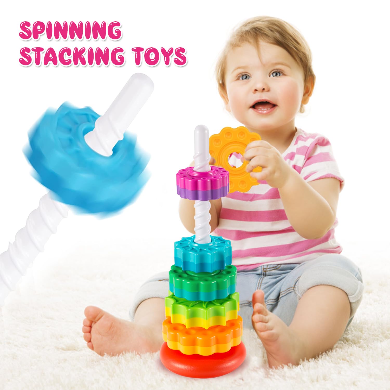 Rainbow Spinning Stacking Toys for Toddlers 1-3 - Montessori Sensory Toy for Babies & Autism Learning - Perfect for Birthday & Christmas Gifts