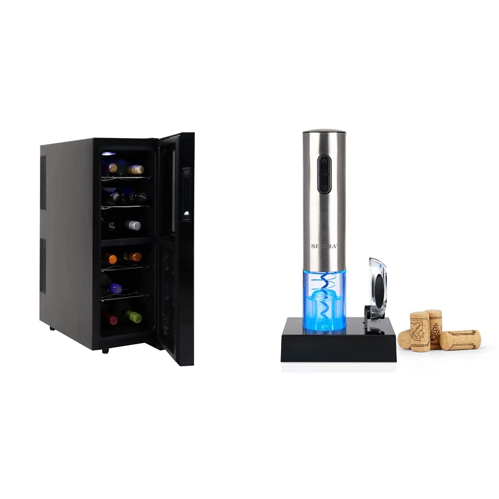 Koolatron WC12DZ Dual Zone Thermoelectric Cooler - 12 Bottle Capacity Portable Fridge for Car, Home, Office - Black/Silver | Secura Automatic Electric Wine Opener - Stainless Steel Corkscrew for Wine Bottles - Perfect for Parties, Picnics & Gifts
