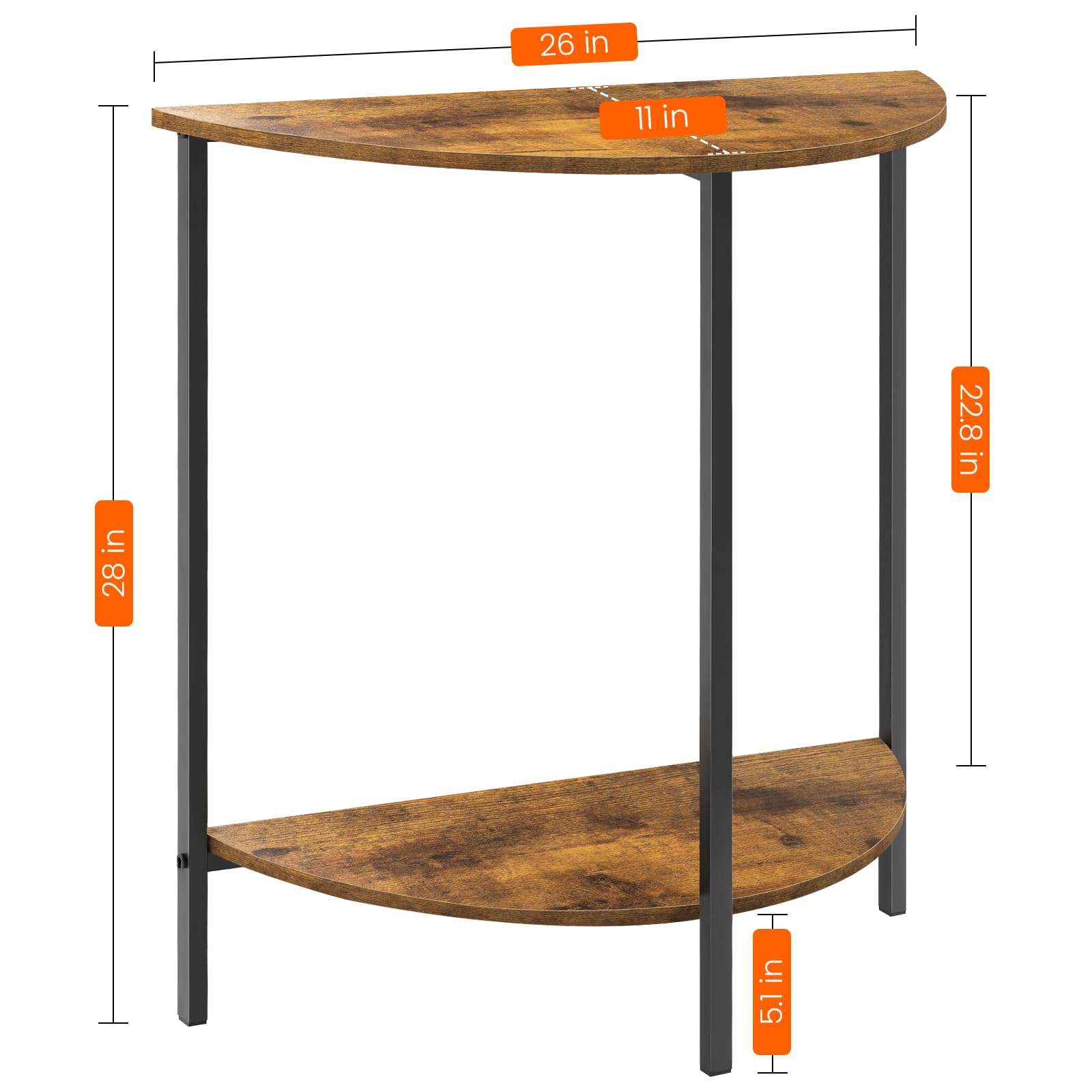 Homode Half Moon Entryway Table - Small Narrow Half Round Console Table for Hallway, Living Room & Front Entrance - Rustic Brown & Black Wooden Sofa Table - Perfect for Small Spaces, Apartments & Cozy Home Decor