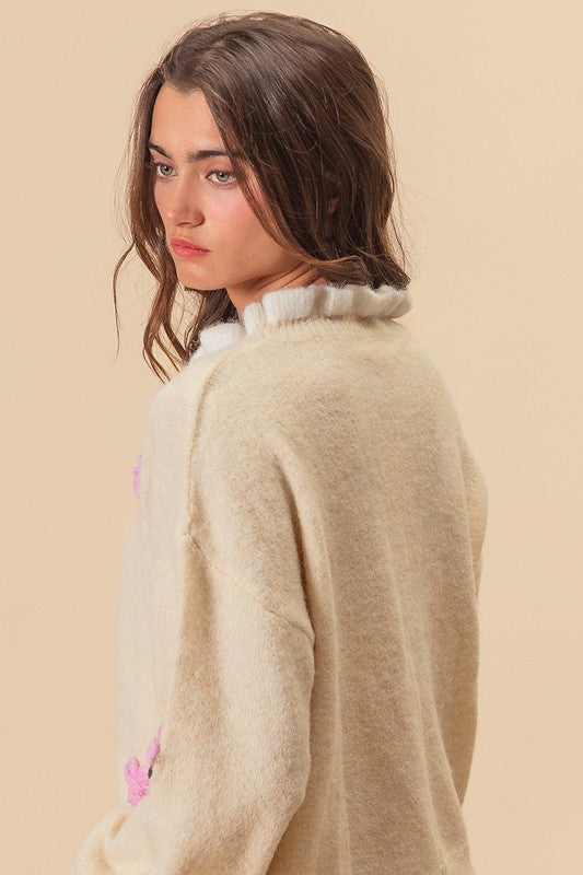 Elegant Ruffled Crochet Flower Drop Shoulder Sweater for Women - Boho Chic Lace Knit Pullover for Spring & Fall - Perfect for Casual Outings, Dates, and Office Wear