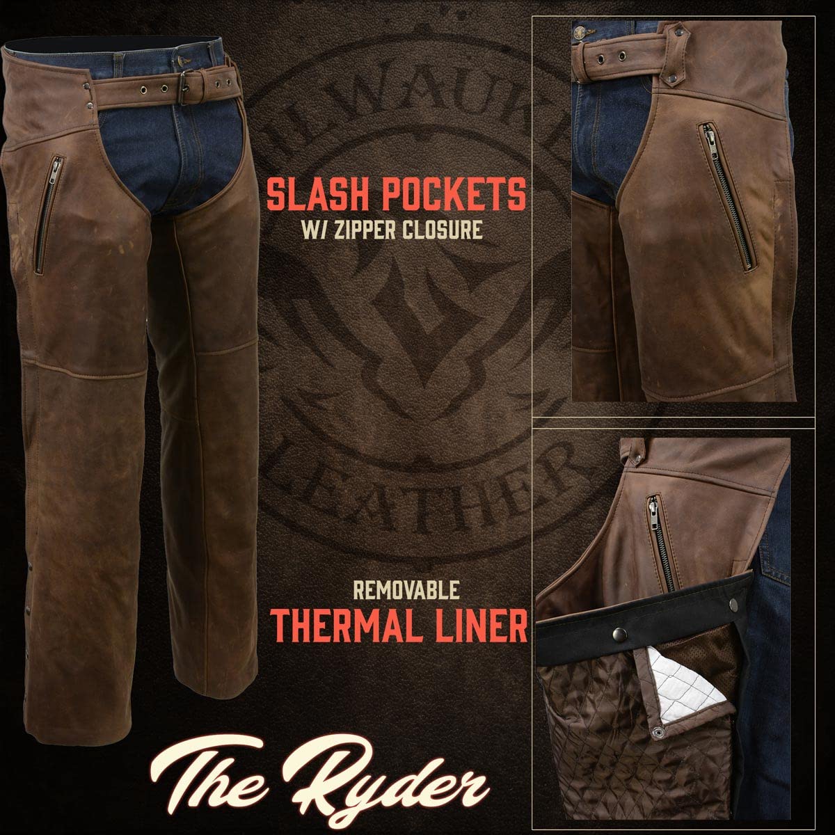 Milwaukee Men's Thermal Lined Premium Leather Motorcycle Chaps for Bikers & Riders - Small Size - Winter Riding Gear for Cold Weather Protection