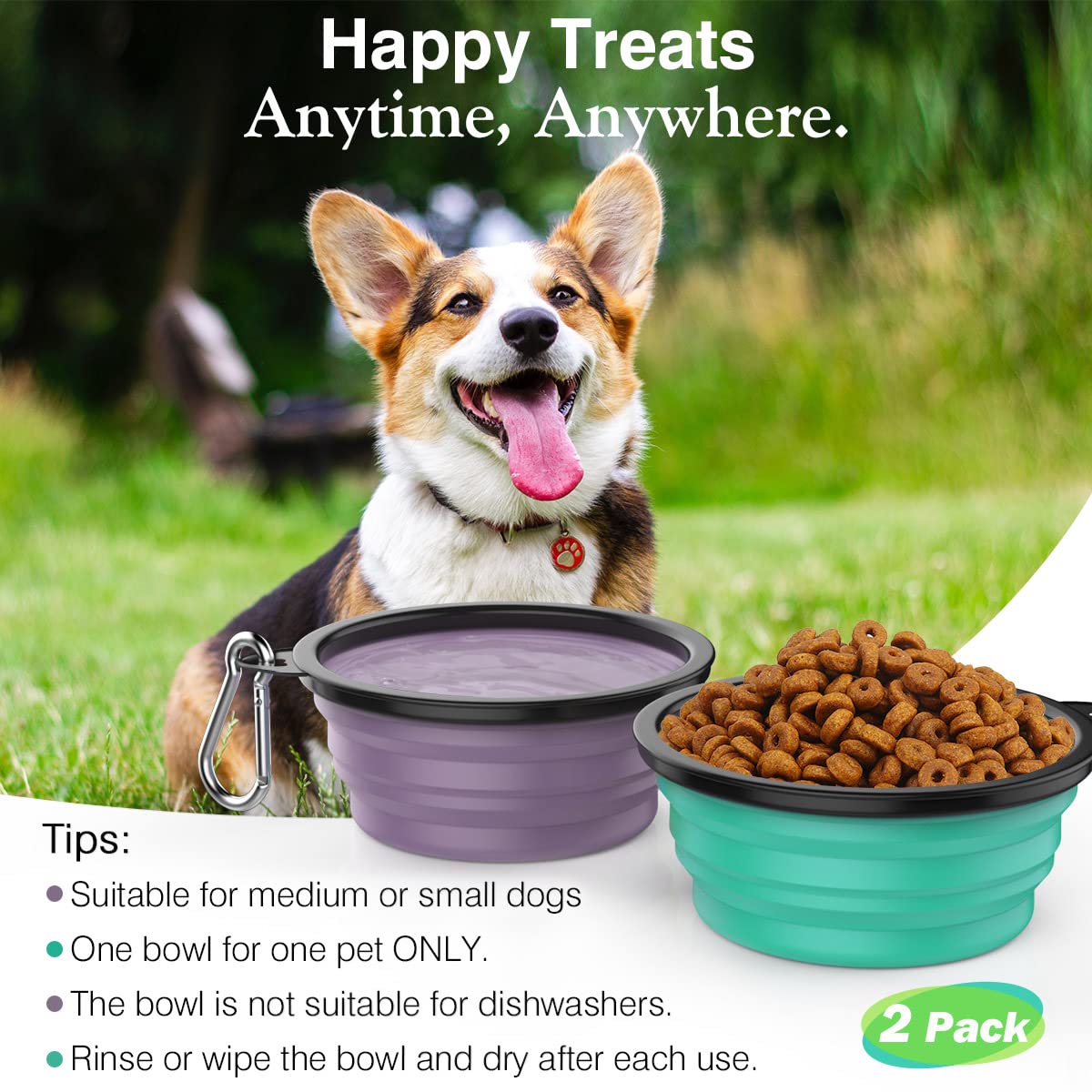 Pawaboo 2 Pack Collapsible Dog Bowls - 1000ml Silicone Pet Food & Water Bowls with Lids & Carabiners for Dogs & Cats | Portable Travel Feeding Bowls for Hiking, Camping, Home & Outdoor Use (Violet+Turquoise)
