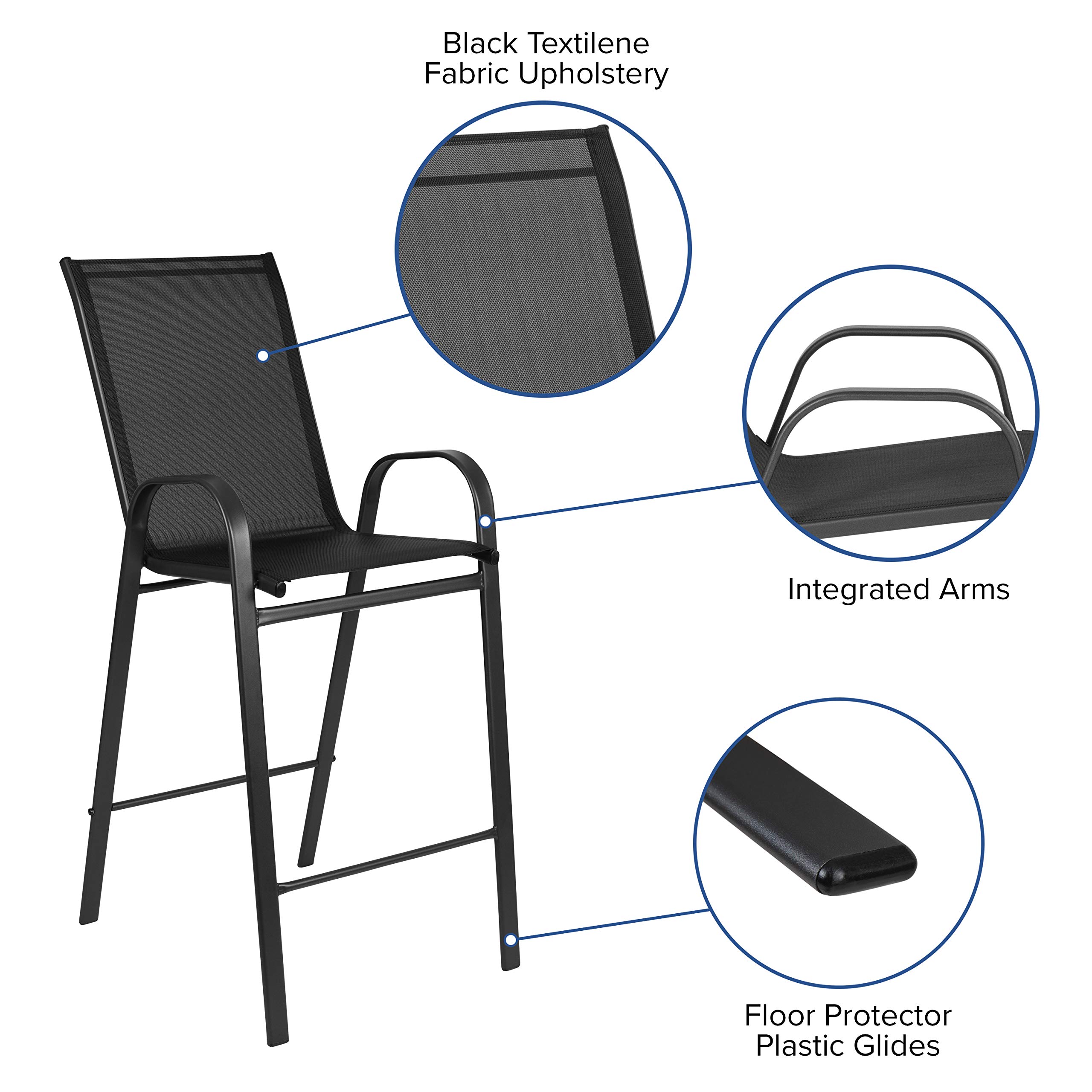 EMMA + OLIVER 3-Piece Black Bar Table Set with 2 Patio Stools & Tempered Glass Top - Modern Outdoor Dining & Bar Furniture for Patio, Deck, or Backyard Entertaining