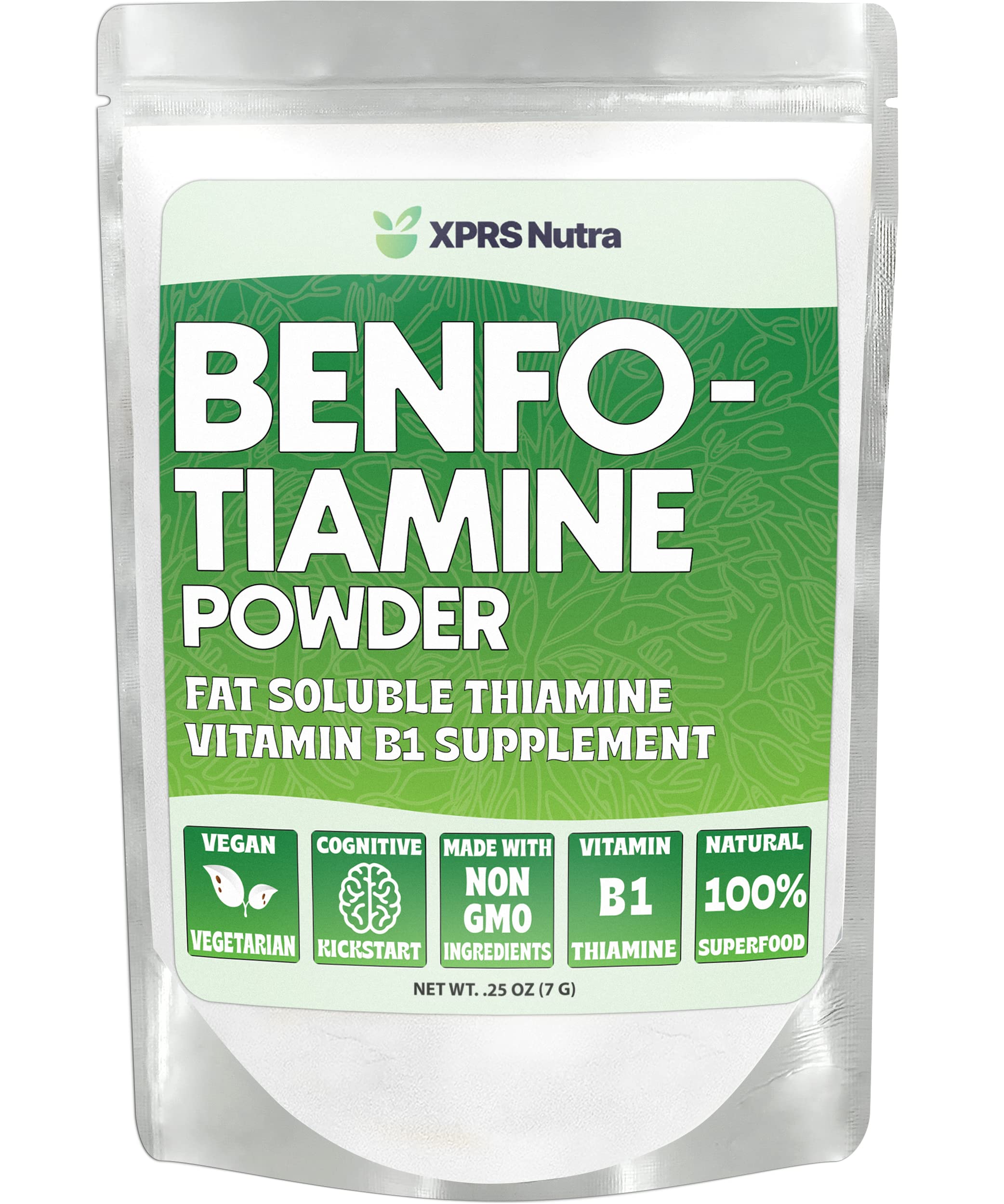 Premium Benfotiamine Powder (Fat-Soluble Vitamin B1) - 250mg Vegan Thiamine Supplement for Heart Health & Cognitive Support - Powerful Antioxidant - 7g (.25oz) - Perfect for Daily Wellness & Nerve Function Support