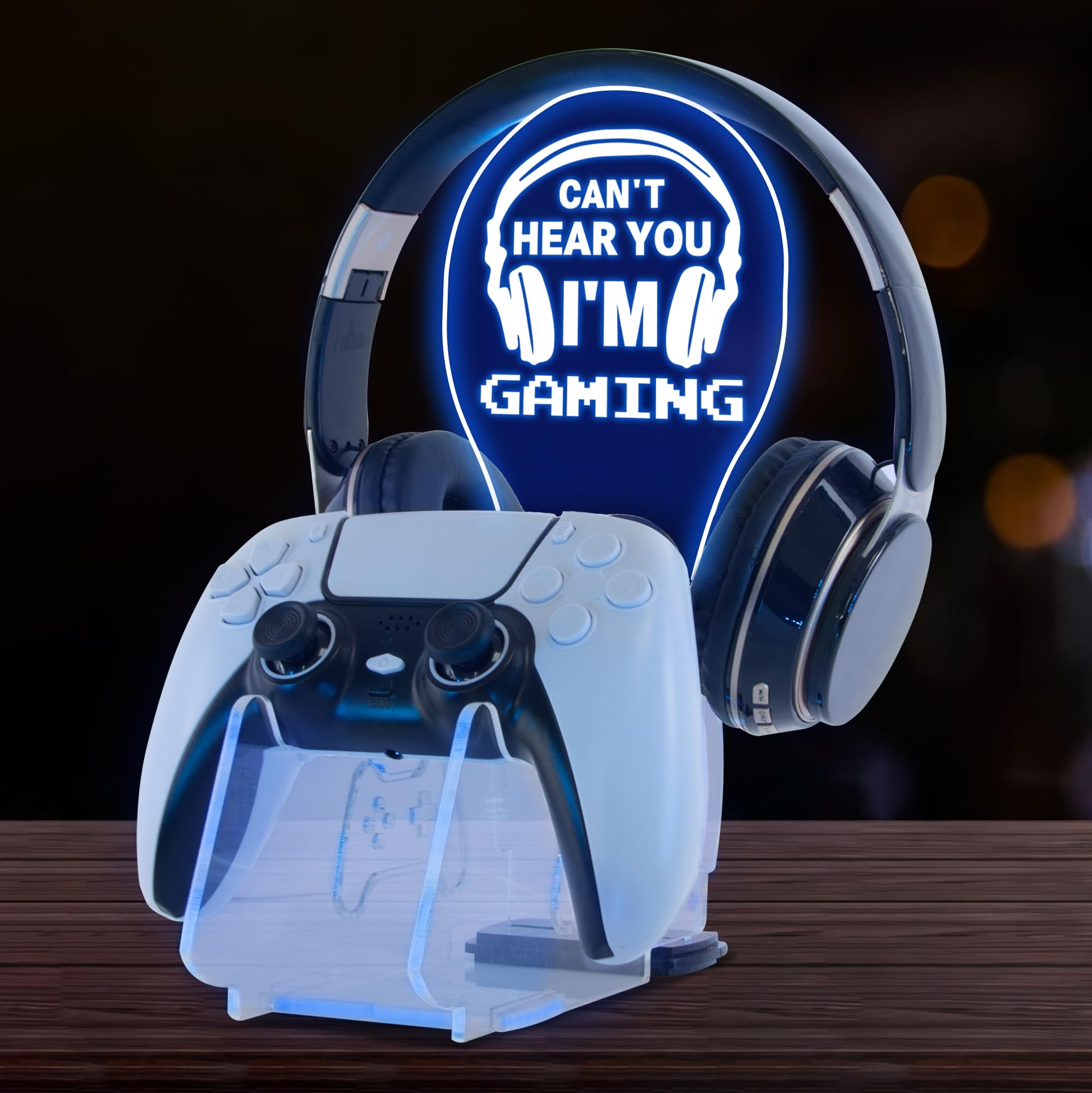 7-Color LED Gaming Controller Stand with Headset Holder - Universal PS5, Xbox & PC Accessories for Teenage Boys | Cool Game Room Decor & Streamer Setup with Ambient Lighting