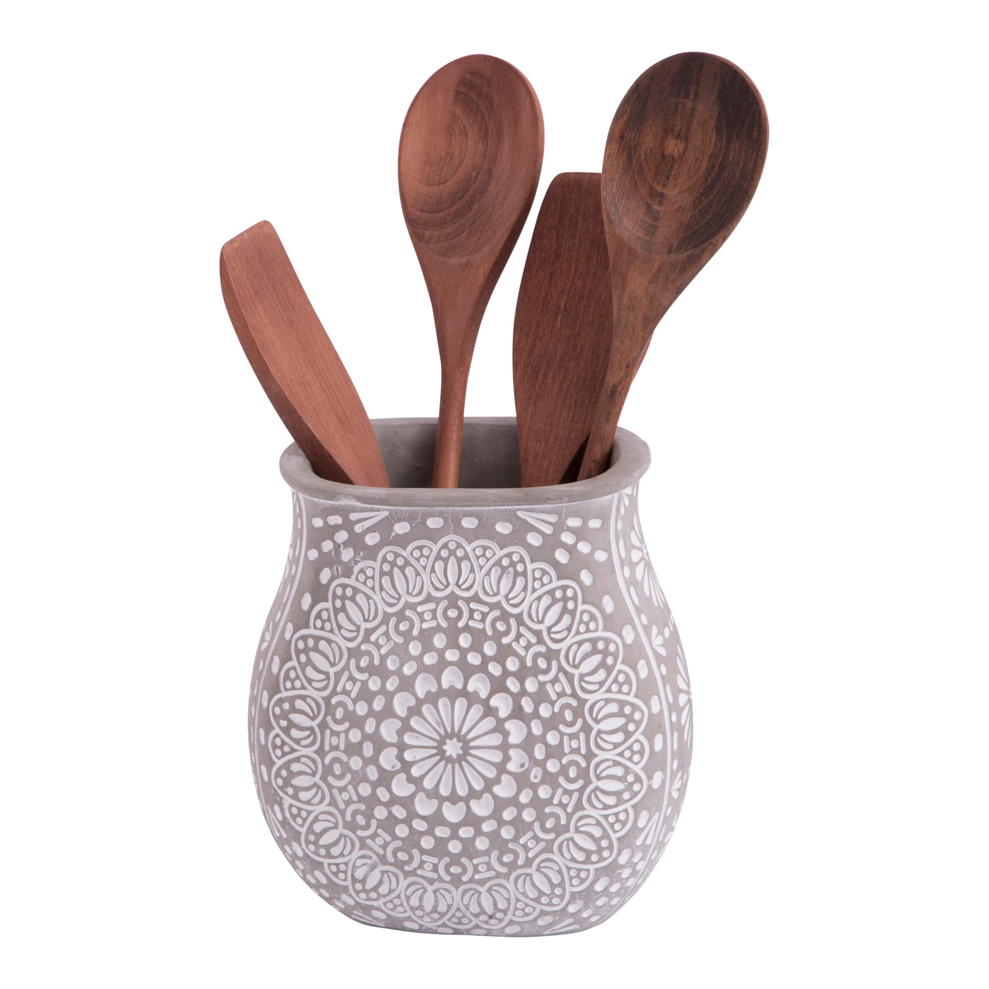 Palais Essentials Ceramic Utensil Holder - Oval Shape with Embossed Design for Kitchen Countertop Organization | Perfect for Spoons, Spatulas & Cooking Tools Storage