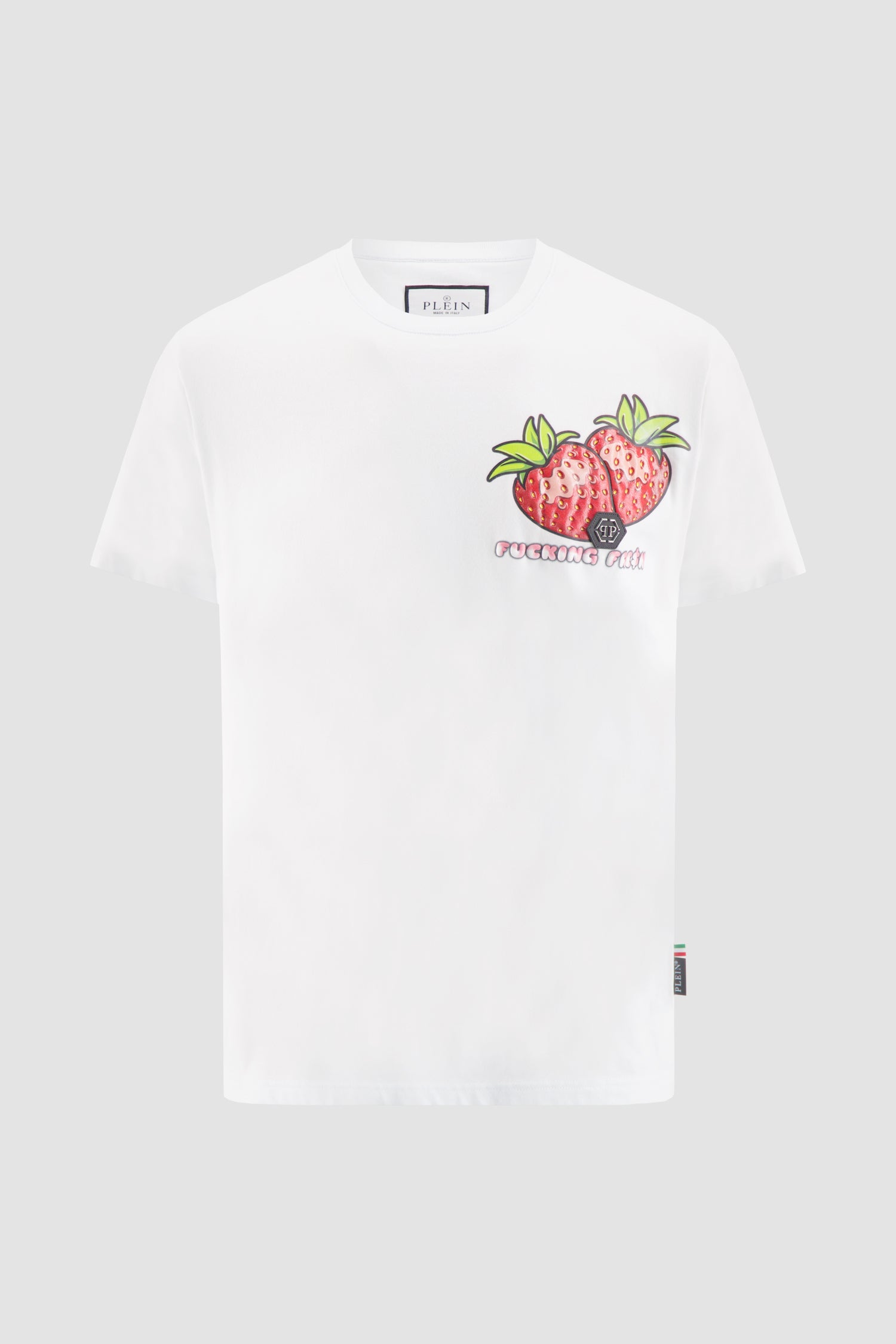 Philipp Plein White Round Neck Short Sleeve Tutti Frutti 011S24 Graphic T-Shirt - Casual Summer Outfit & Streetwear Fashion