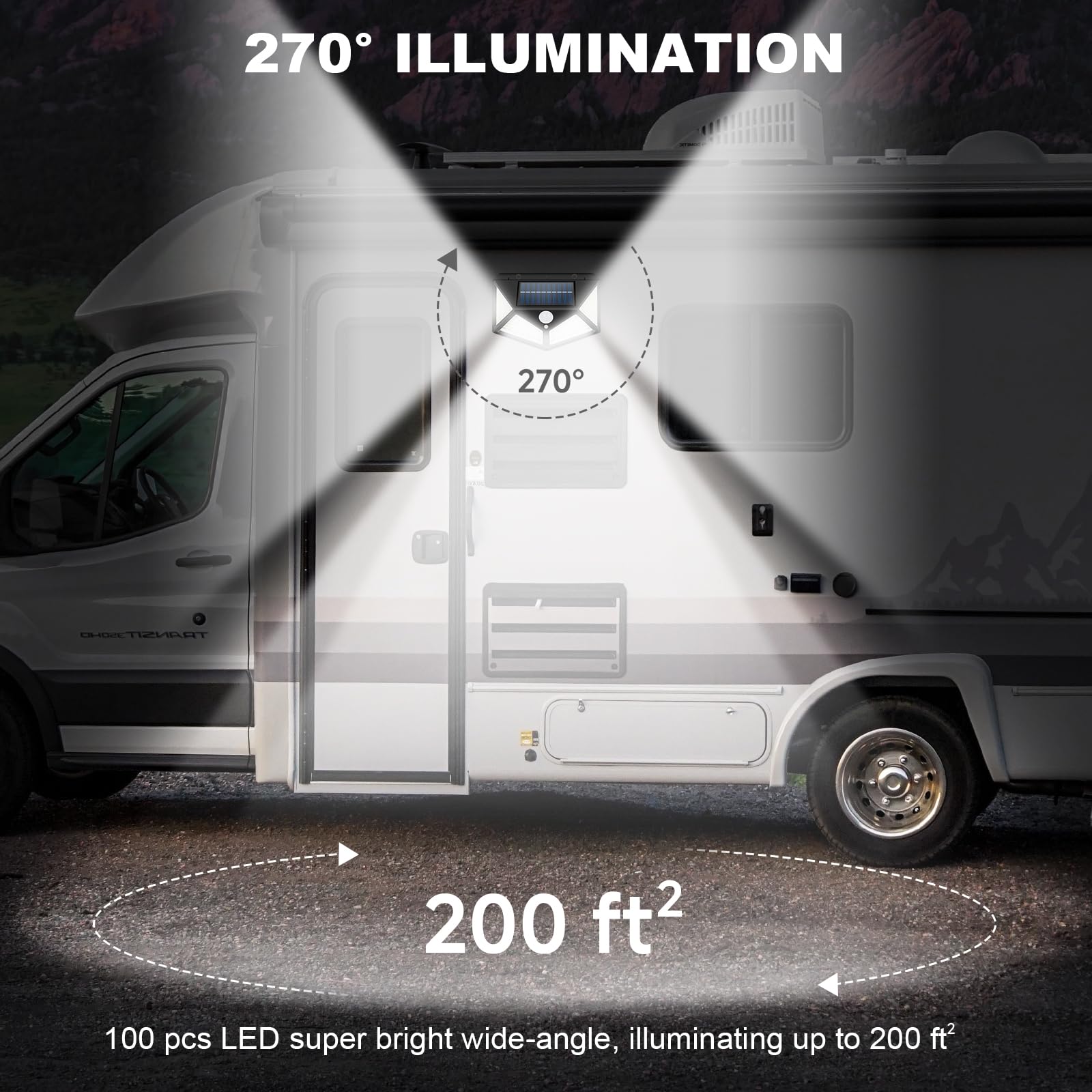 RV Magnetic Motion Sensor Light - Solar Powered Outdoor RV Porch Light, 100LED Exterior Camper Lighting for Trailers & 5th Wheels (2 Pack) - Perfect for Nighttime Safety & Convenience at Campsites