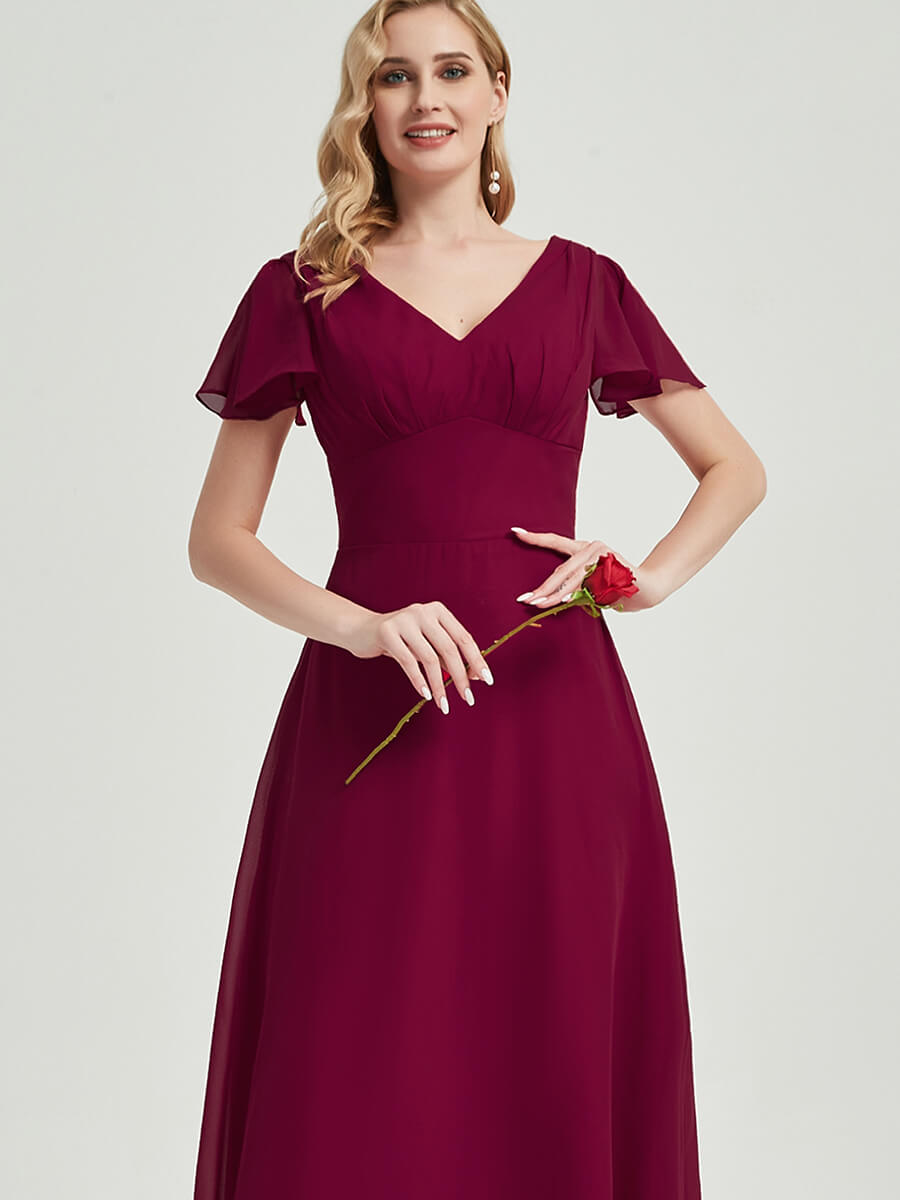 Elegant Dark Navy Backless Chiffon Bridesmaid Dress with Ruffle Sleeves & Empire Waist - Perfect for Weddings, Formal Events & Evening Parties