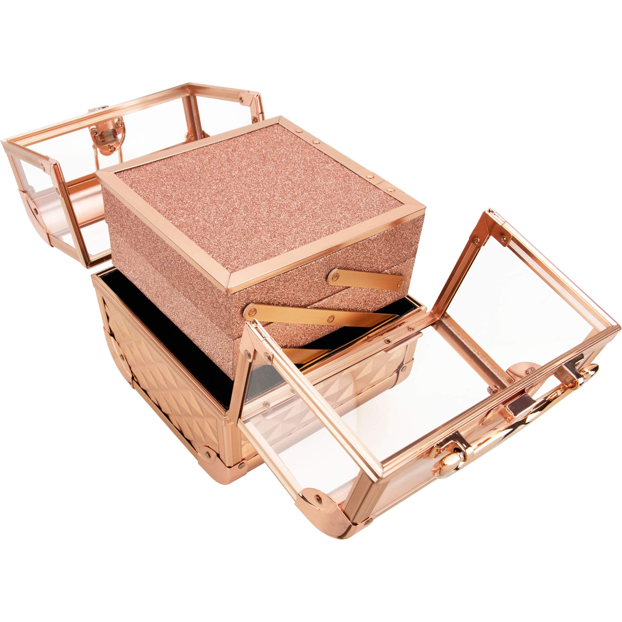 Ver Beauty Professional Makeup Train Case - Clear Acrylic Jewelry Organizer with 2-Tier Trays, Lockable Mirror & Aluminum Frame | Portable Cosmetic Storage for Travel, Salon & Home Beauty Organization
