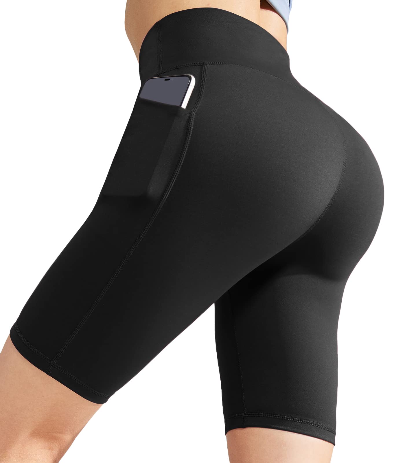 MIER Women's High Waist Yoga Shorts - 8 Inch Compression Biker Shorts with Side Pockets & Tummy Control for Workout, Running, Gym & Lounge Wear