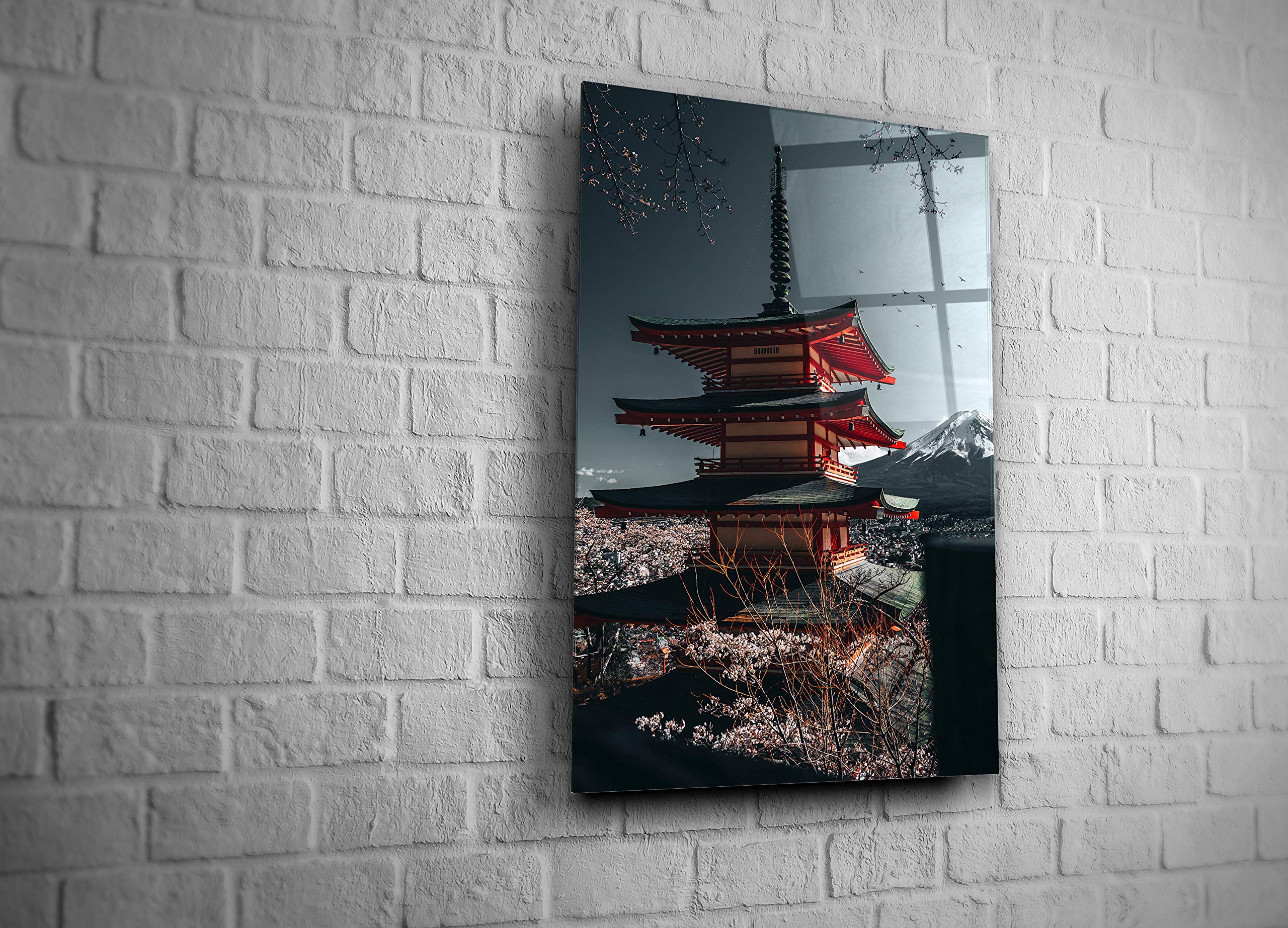 Chinese Temple Asian Landscape Art - Sakura Blossom Tree Mountain Scenery Tempered Glass Wall Decor for Home, Office & Hotel - Modern Asian Culture Gift (24x36) - Perfect for Zen Decor, Meditation Rooms & Cultural Spaces