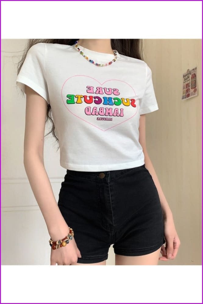 Lovevop Women's Short Sleeve Crop T-Shirt with Candy Letter & Heart Print - Casual Summer Top for Date Night, Beach Outings & Streetwear Fashion