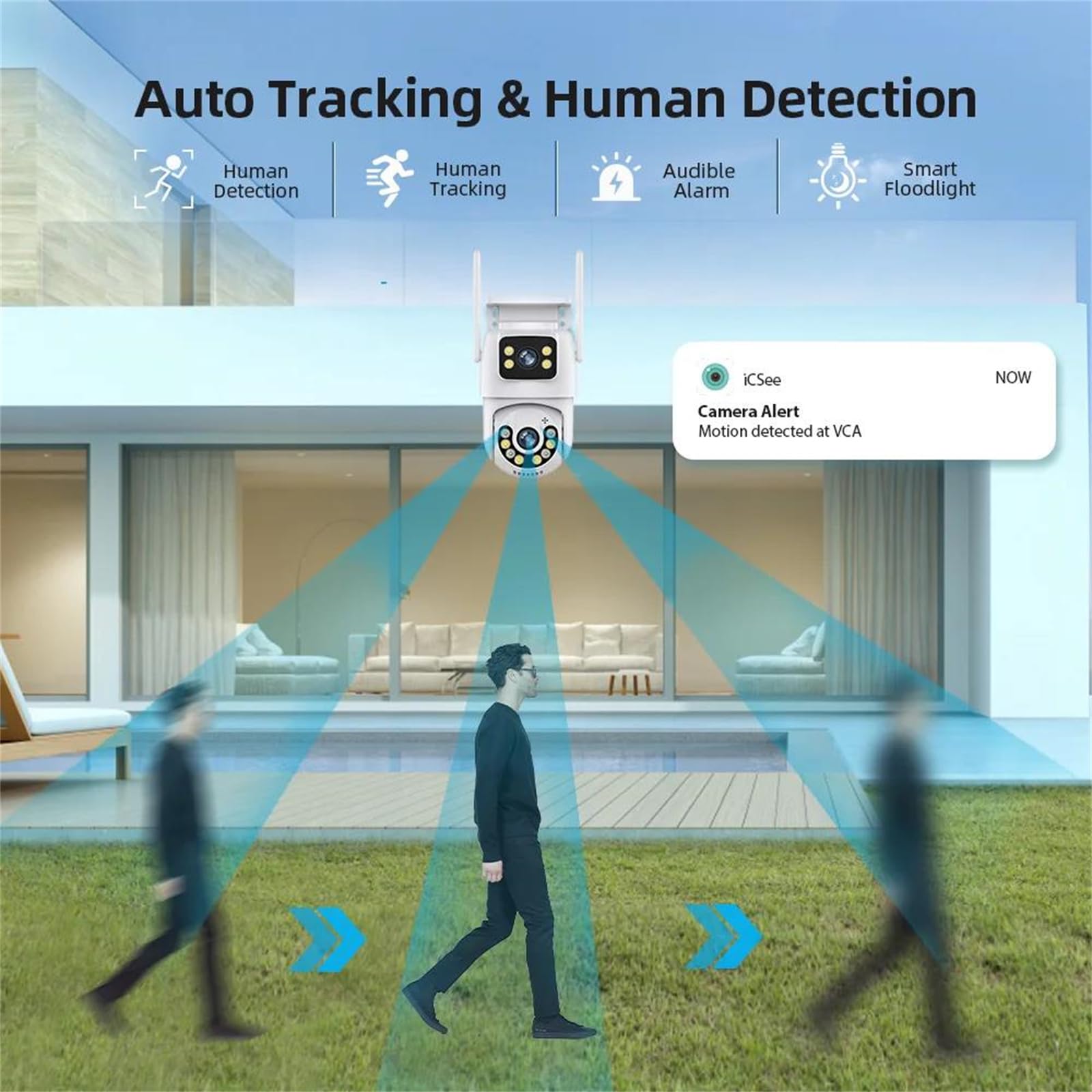 6MP Dual Lens PTZ Outdoor Security Camera with WiFi, Auto Tracking & IP66 Waterproof - Dual Screen Display & 128GB Card Included for Home/Business Surveillance (Day/Night Monitoring)