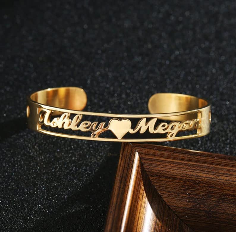 Personalized Name Bracelets for Women - 18K Gold Custom Engraved Name Cuff Bangle Jewelry Gift for Mom, Daughter, Wife | Birthday, Anniversary, Mother's Day Present | Perfect for Everyday Wear & Special Occasions
