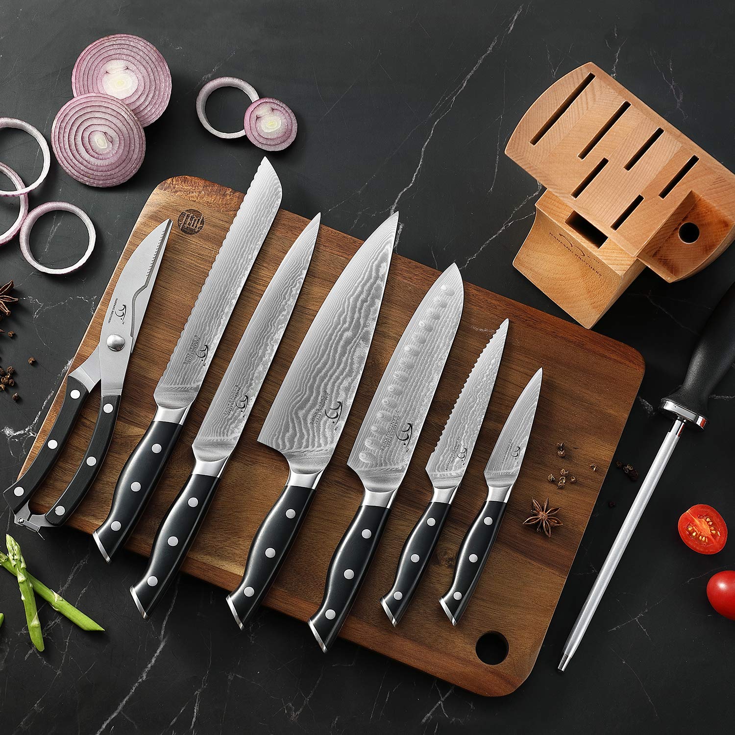 Premium 9-Piece Damascus Steel Knife Set with Block - Chef Knives, Sharpener & Kitchen Shears - Ergonomic ABS Handles - Perfect for Home Chefs & Professional Kitchens - Ideal for Slicing, Dicing & Food Prep