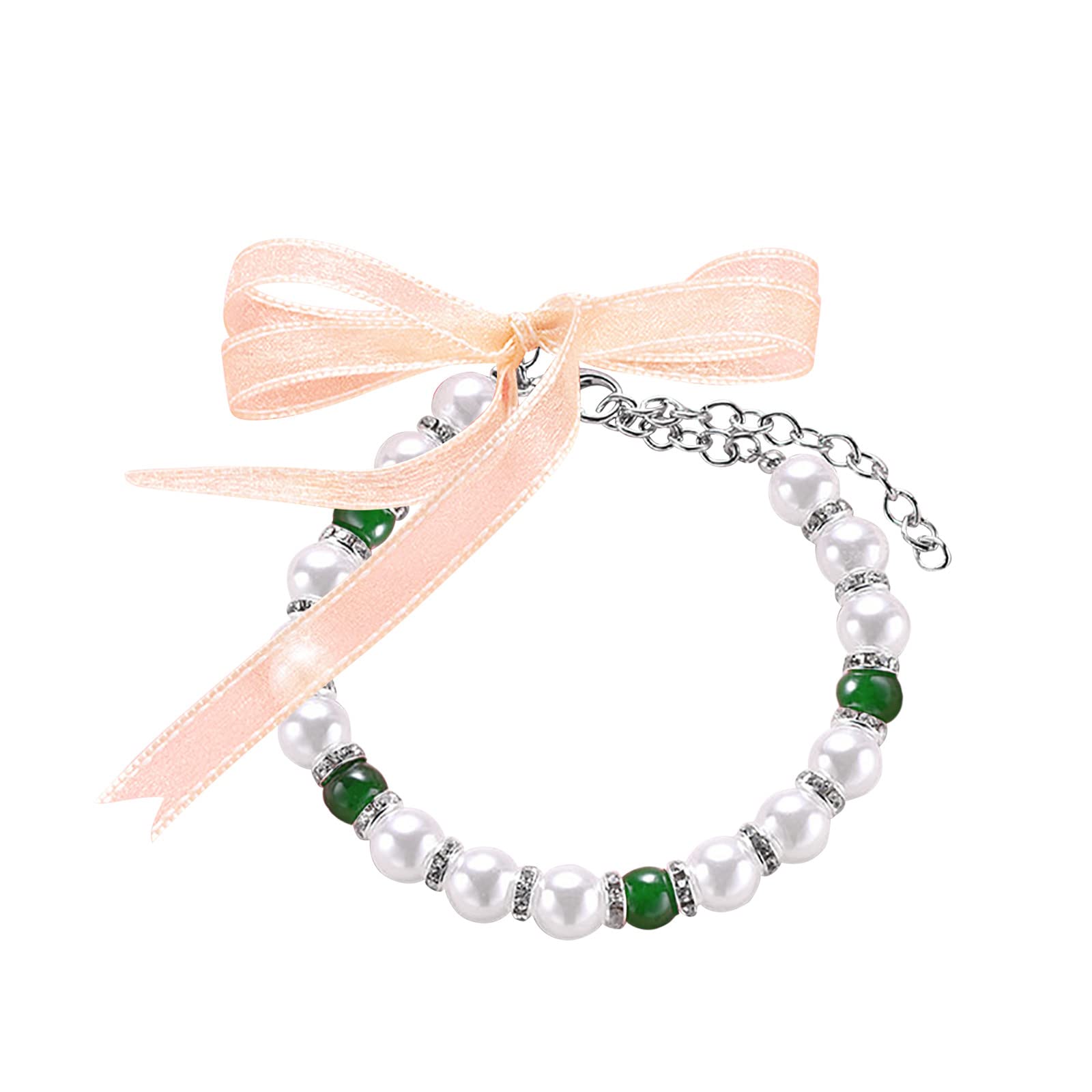 Adjustable Pearl Bow Dog Collar & Cat Collar with Breakaway Safety Buckle - Green Large Size for Small Pets, Perfect for Daily Walks & Special Occasions