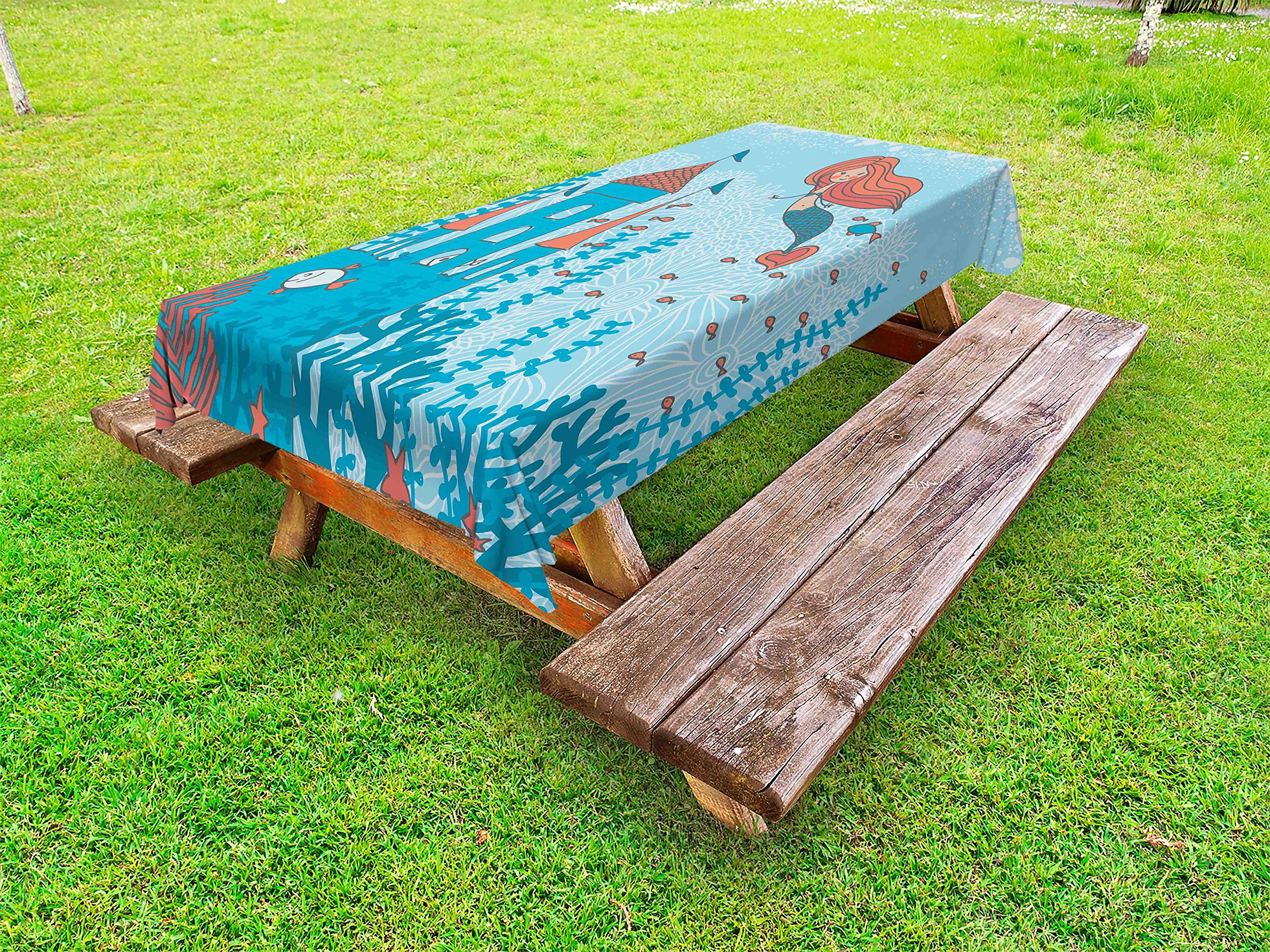 Ambesonne Waterproof Mermaid Tablecloth - Little Mermaid Under The Sea Coral Castle Fish Print - Washable Outdoor Picnic Table Cover 58x104 Inches Teal Orange - Perfect for Beach Parties, Poolside Dining & Summer BBQs