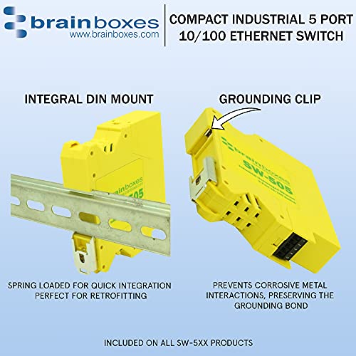 Brainboxes Industrial Compact 5-Port Ethernet Switch - DIN Rail Mountable for Factory Automation & Network Expansion