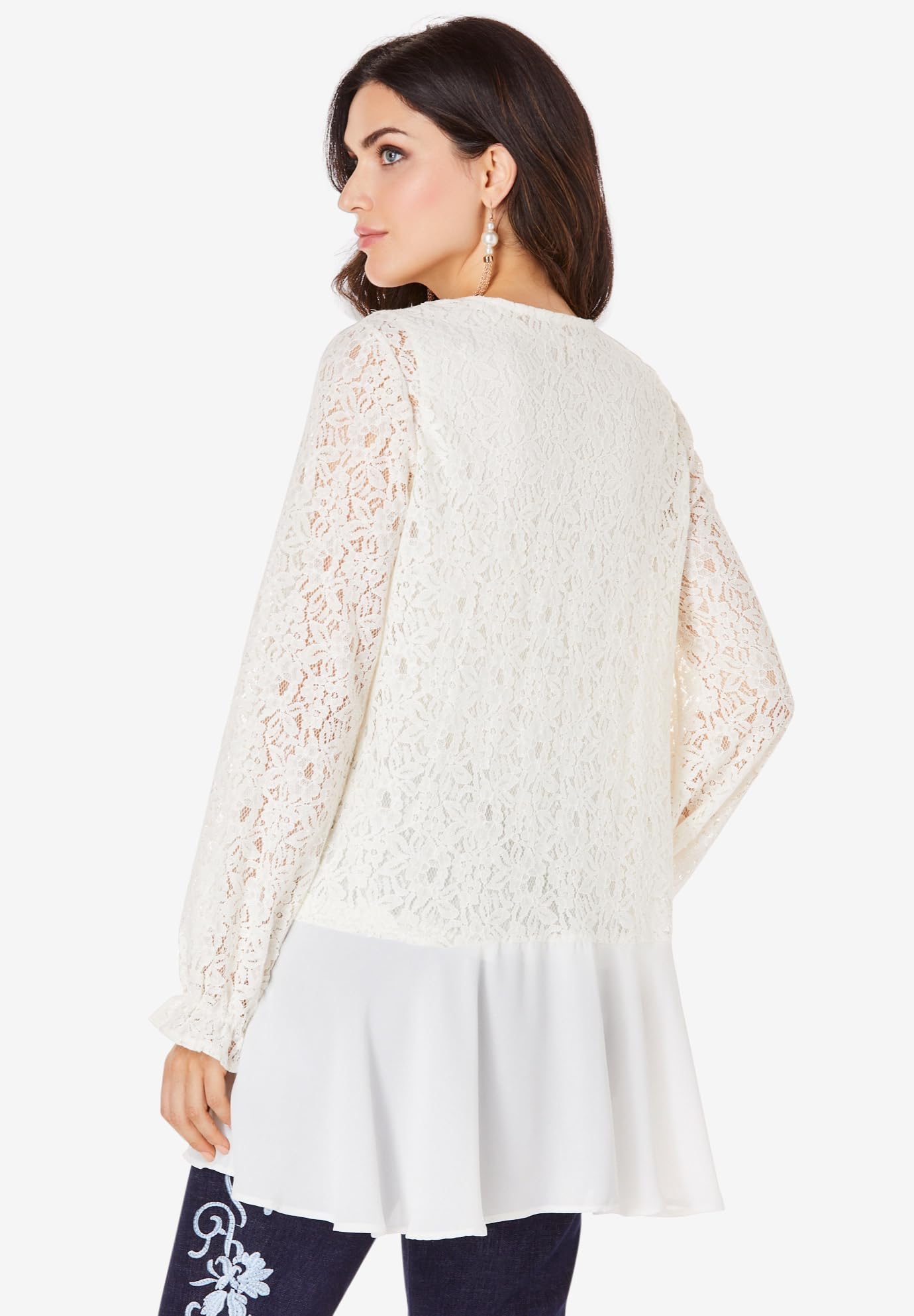 Roaman's Women's Plus Size Lace & Georgette Swing Tunic Top - Flowy Blouse for Casual Wear, Office Outfits & Special Occasions