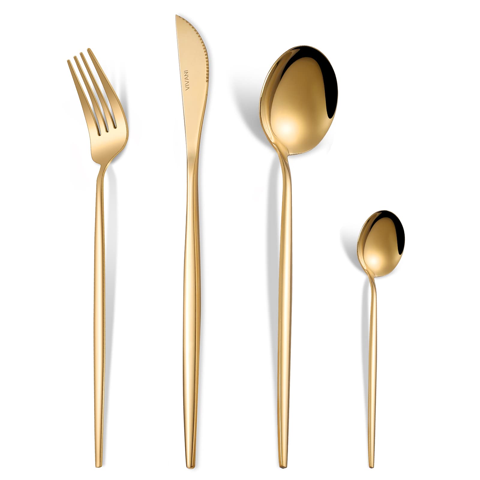 VIVANI 16-Piece Gold Silverware Set - Ultra-Thin Flatware Set for 4 People, Elegant Gold Utensil Set with Knives, Spoons & Forks, Dishwasher Safe Tableware Cutlery (V004) - Perfect for Dinner Parties, Weddings & Upscale Dining