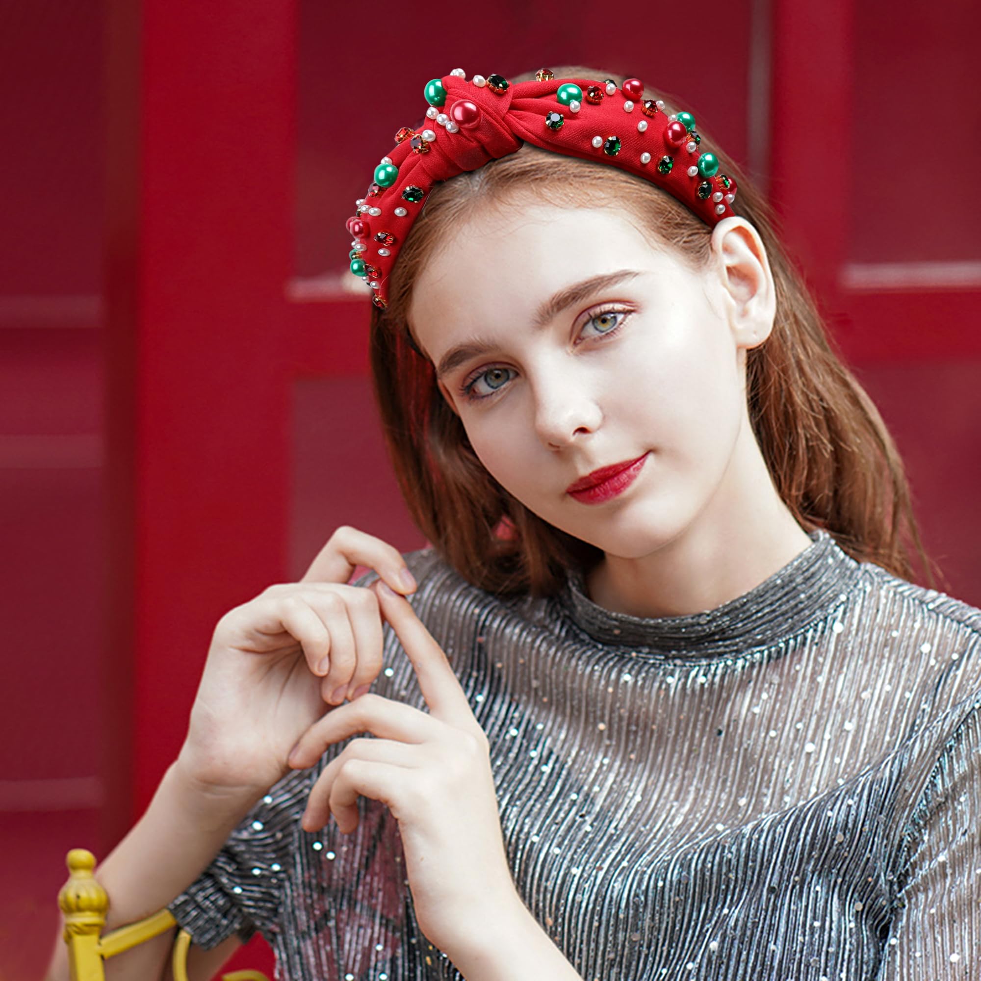 Sparkly Christmas Headbands for Women & Girls - Elegant Red Headband with Jeweled Pearls for Holiday Parties & Festive Occasions